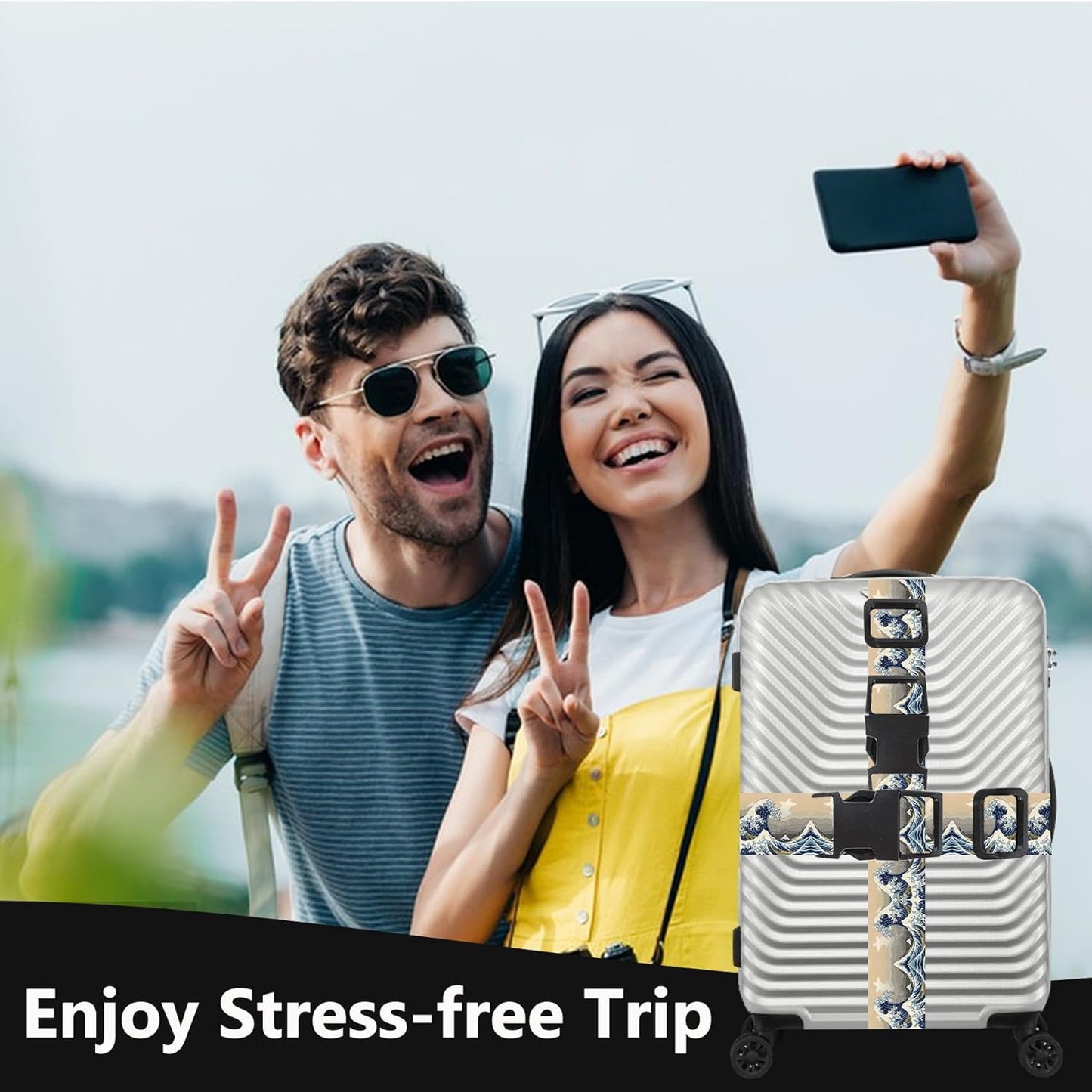 2 Pack Luggage Straps for Suitcases Adjustable Luggage Belt TSA Approved, Bright Colors Travel Packing Straps with Quick Release Buckle Unique Nylon for Sleeping Bag Car Seat, Wave