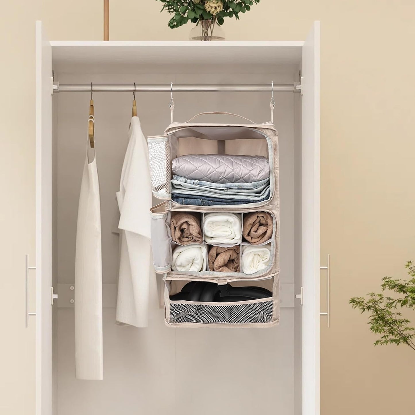 TABITORA Travel Portable Hanging Shelves Closet Organizer Packing Luggage Organizer and Storage with Multifunctional and Foldable Invisible Compartment,Lightweight, for Suitcase, RV,Closet…Beige,XL