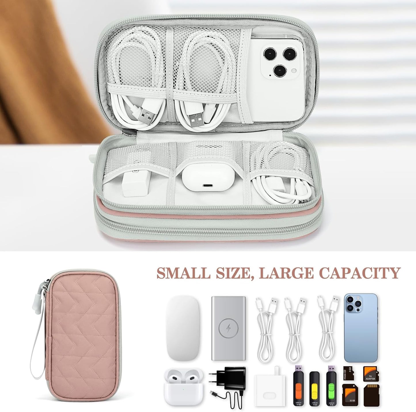 FYY Electronic Organizer, Travel Cable Organizer Bag Pouch Electronic Accessories Carry Case Portable Waterproof Double Layers All-in-One Storage Bag for Cable, Cord, Charger, Phone, Pink Pattern