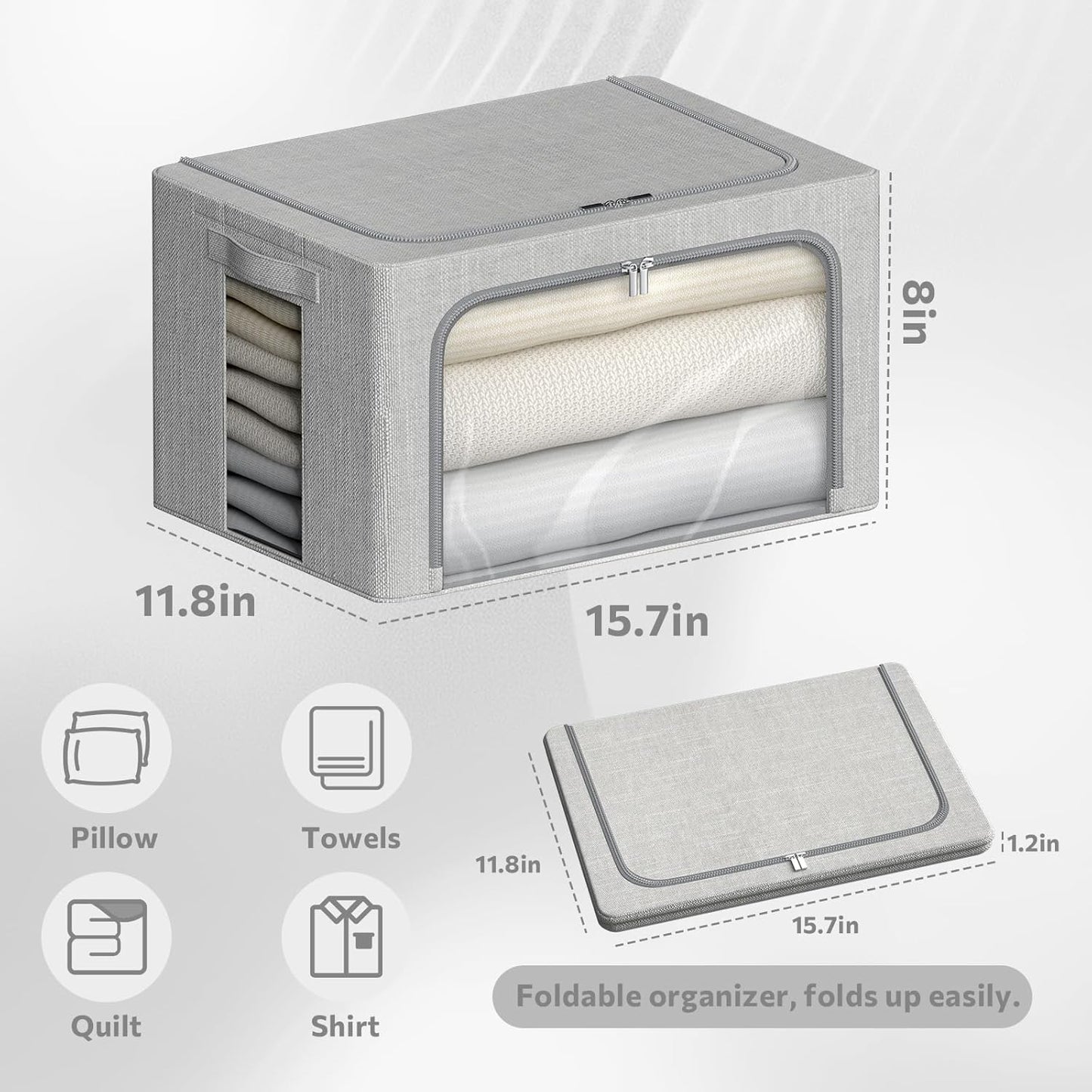 4 Pack Clothes Storage Bins with Metal Frame - Linen Fabric Foldable Stackable Container Organizer Set with Clear Window & Carry Handles & Zippers (Light Grey, 15.7"x11.8"x7.8")