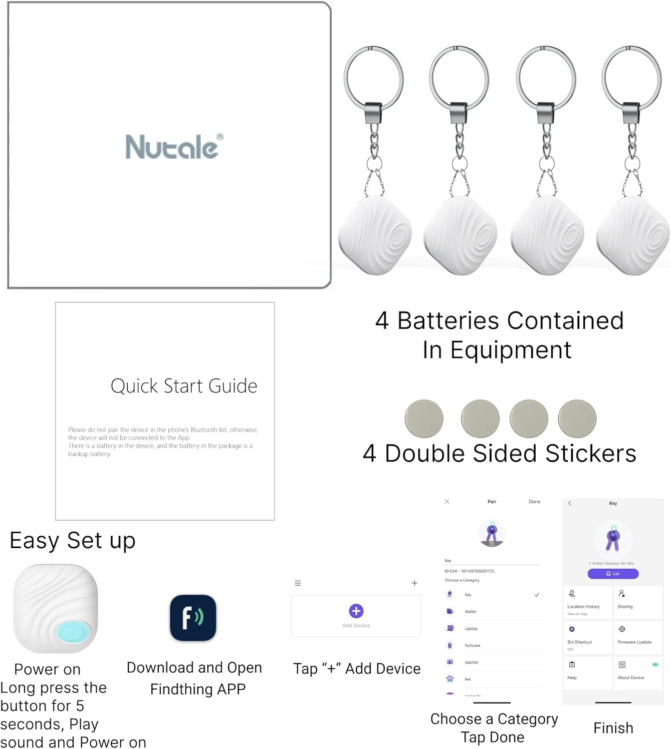 Key Finder, Bluetooth Tracker Item Locator with Key Chain for Keys Pet Wallets or Backpacks and Tablets, Batteries Include -White