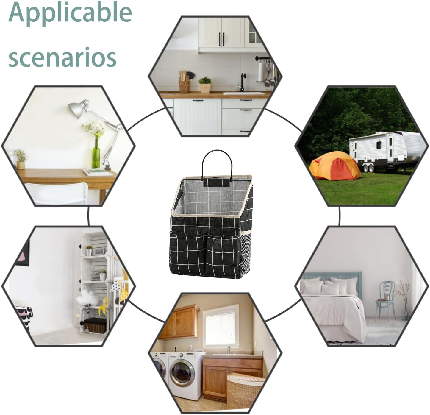 2pcs Wall Hanging Storage Bag,Wall Hanging Organizer Bags with Pockets, Wall Organizer Storage for Dormitory Bathroom Bedroom Kitchen(Black Grid)