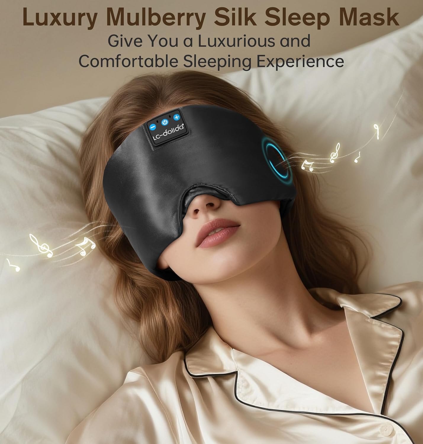 LC-dolida Luxurious Silk Soft Sleep Mask, Sleep Headphones with Bluetooth 5.4 for Side Sleeper, Total Blackout Eye Sleeping Mask for Women and Men, Ideal Gift for Restful Sleep, Travel(Black)