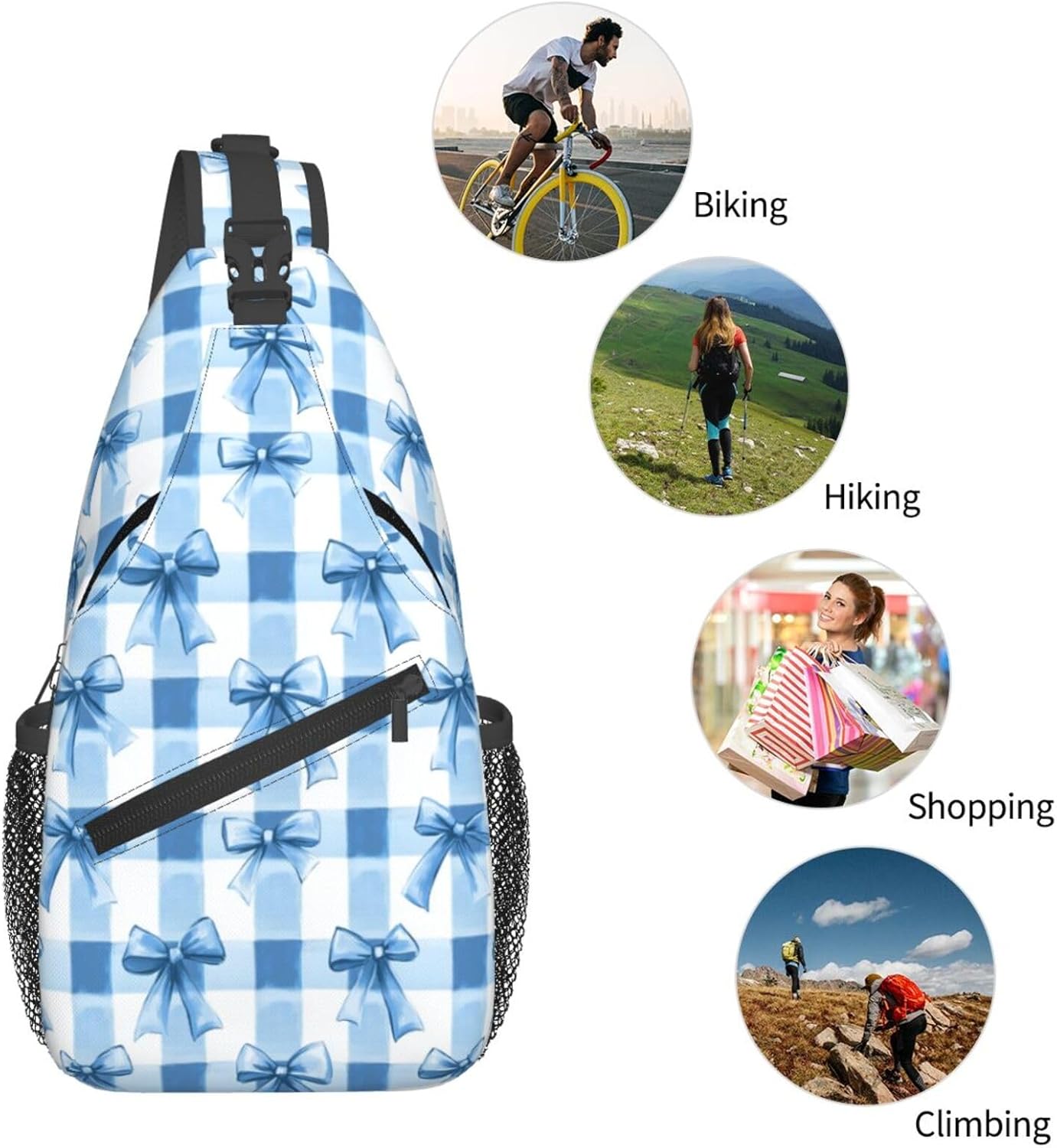 SUPLUCHOM Sling Bag Blue Bows Check Hiking Daypack Crossbody Shoulder Backpack Travel Chest Pack for Men Women