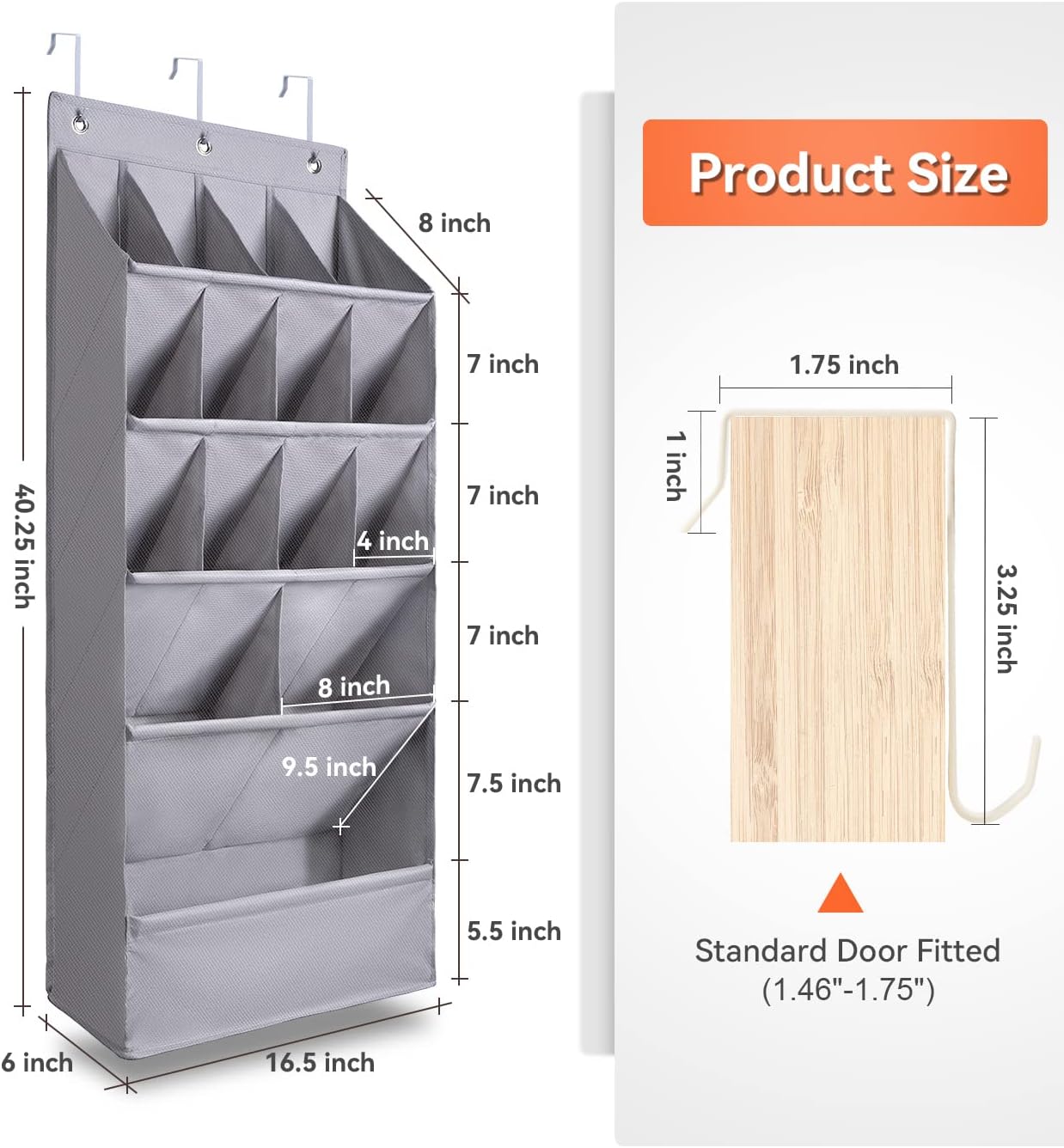 FENTEC 1 Pack Over-the-Door-Shoe-Organizers, Hanging Shoe Organizers with Large Pocket Shoe Holder Hanging Shoe Rack for Closet Shoe Organizer for Wall, Over Door Organizer with 15 Pockets Gray