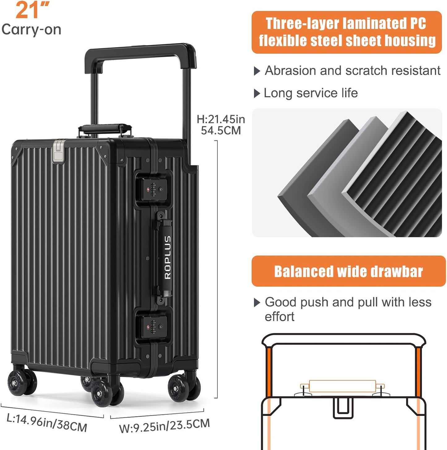 Aluminium Frame Carry on Luggage with Smooth Jelly Wheels, Hardside Zipperless Rolling Suitcase with TSA Lock (Pure Black, 21-Inch)