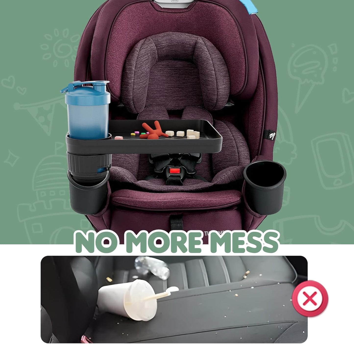 Upgraded Car Seat Tray for Kids Car Seat Tray with Expandable Base for Snacks, Toys, Books, Entertainment Kids Travel Essentials Fits 2.8''-3.2'' Cup Holders (1, Standard Base)