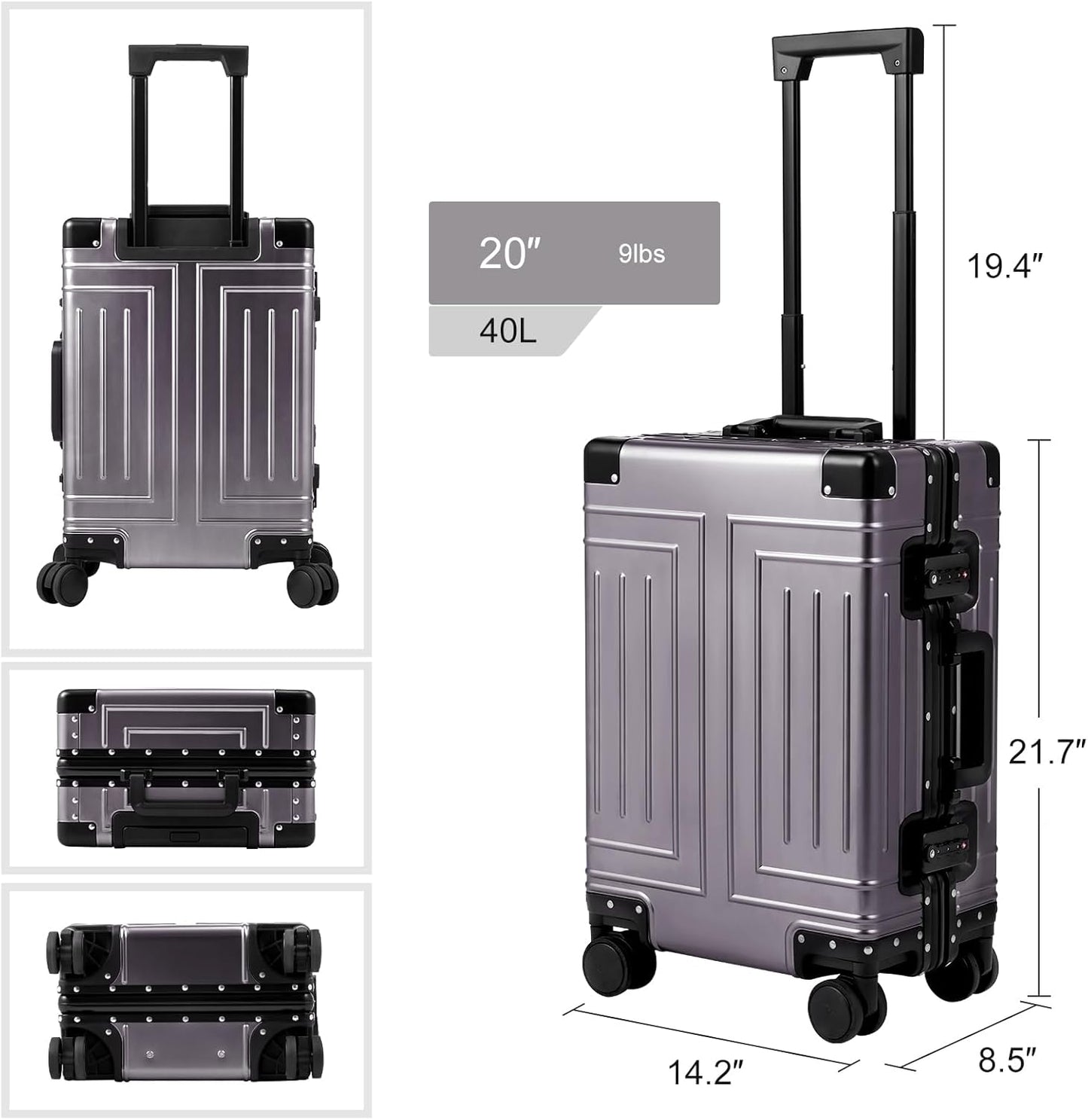 All Aluminum Magnesium Carry On Luggage๏ผCut from Whole Aluminum Sheet๏ผ22x14x9 Airline Approved ๏ผ๏ผ3rd Generation๏ผPremium Magnesium Metal zipperless suitcase ๏ผ (grey, 20inch)