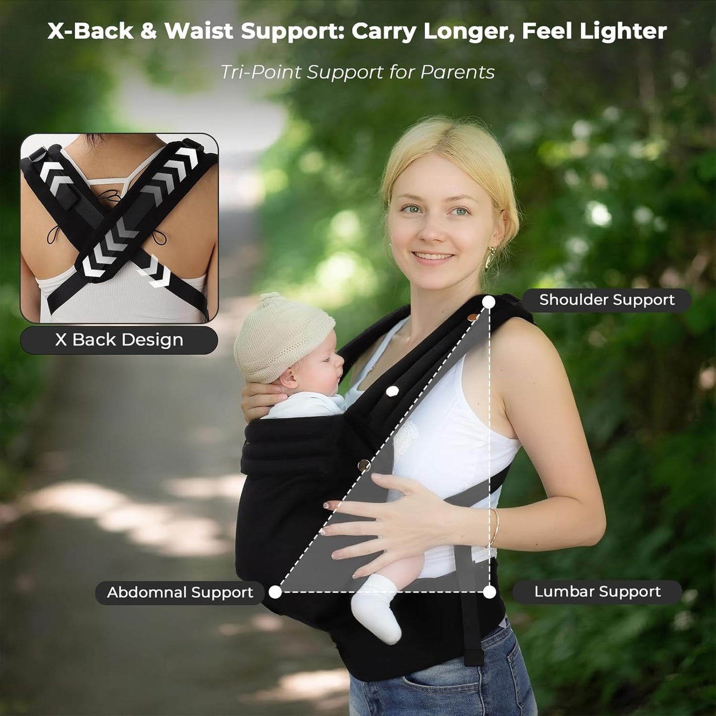 CycleMore Baby Carrier Newborn to Toddler - Soft & Ergonomic Infant Carrier with 3 Carry Positions, Hip-Healthy Adjustable Fit, Travel-Ready, Machine Washable for 7-35 lbs (Black)