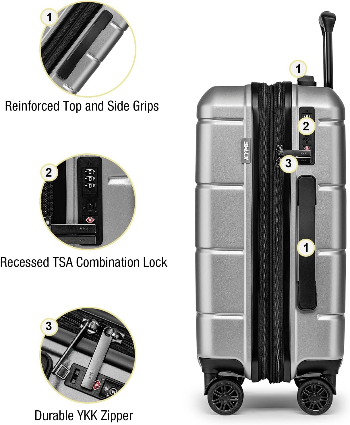 KYME Hardside Expandable Carry On Luggage 22x14x9 Airline Approved 20 Inch Hardshell Carry On Suitcase with Wheels TSA Lock Small Travel Rolling Luggage with Cup Holder for Women Men Silver