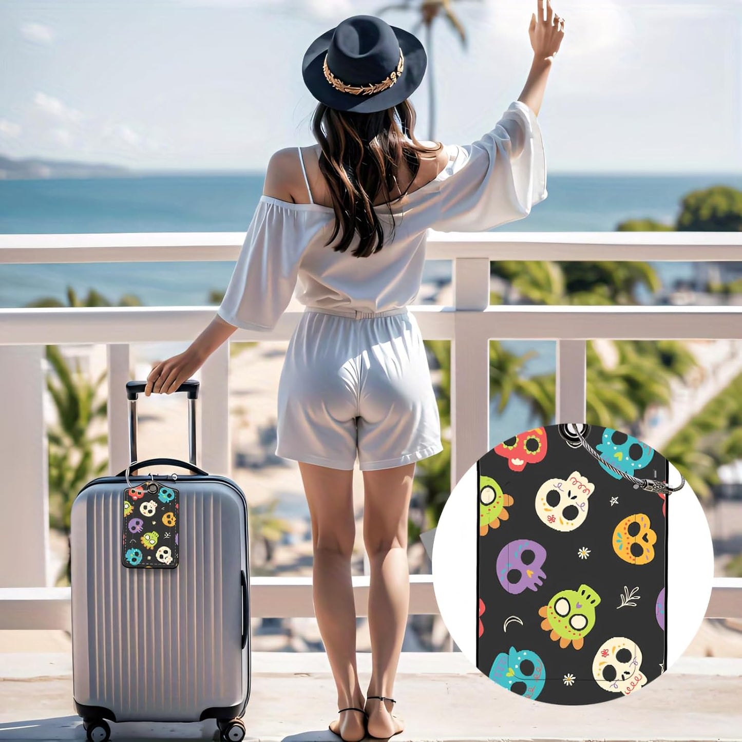 Luggage Tags for Suitcases, 2-Pack PU Leather for Cruise & Travel, Baggage ID Tags with Privacy Cover & Address Card, Durable Metal Ring, Kids Adults Travel Accessories, Sugar Skulls