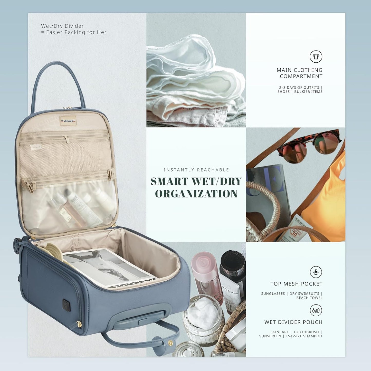 Verage 18x14x8in Spinner Underseat Carry-On Luggage -Airplane Personal Item Bag, USB A&C Charging Port, Padded Laptop Pocket & Wet/Dry Compartments for Women, Haze Blue