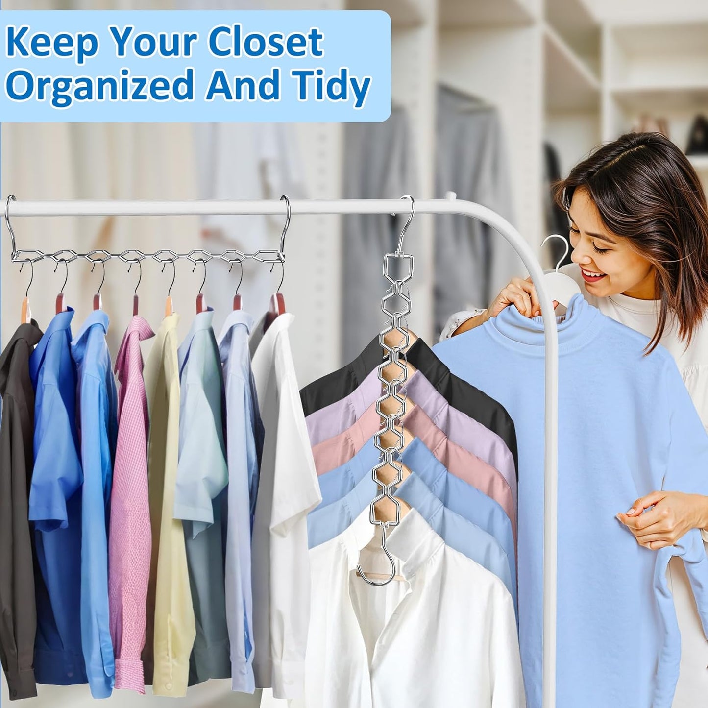 6 Pack Space Saving Hangers for Clothes, Heavy Duty 30Lbs Capacity Magic Clothes Space Saver Sturdy Metal Hanger Organizer with 360° Swivel Hook, Closet Organizers Storage Dorm Essentials Silver