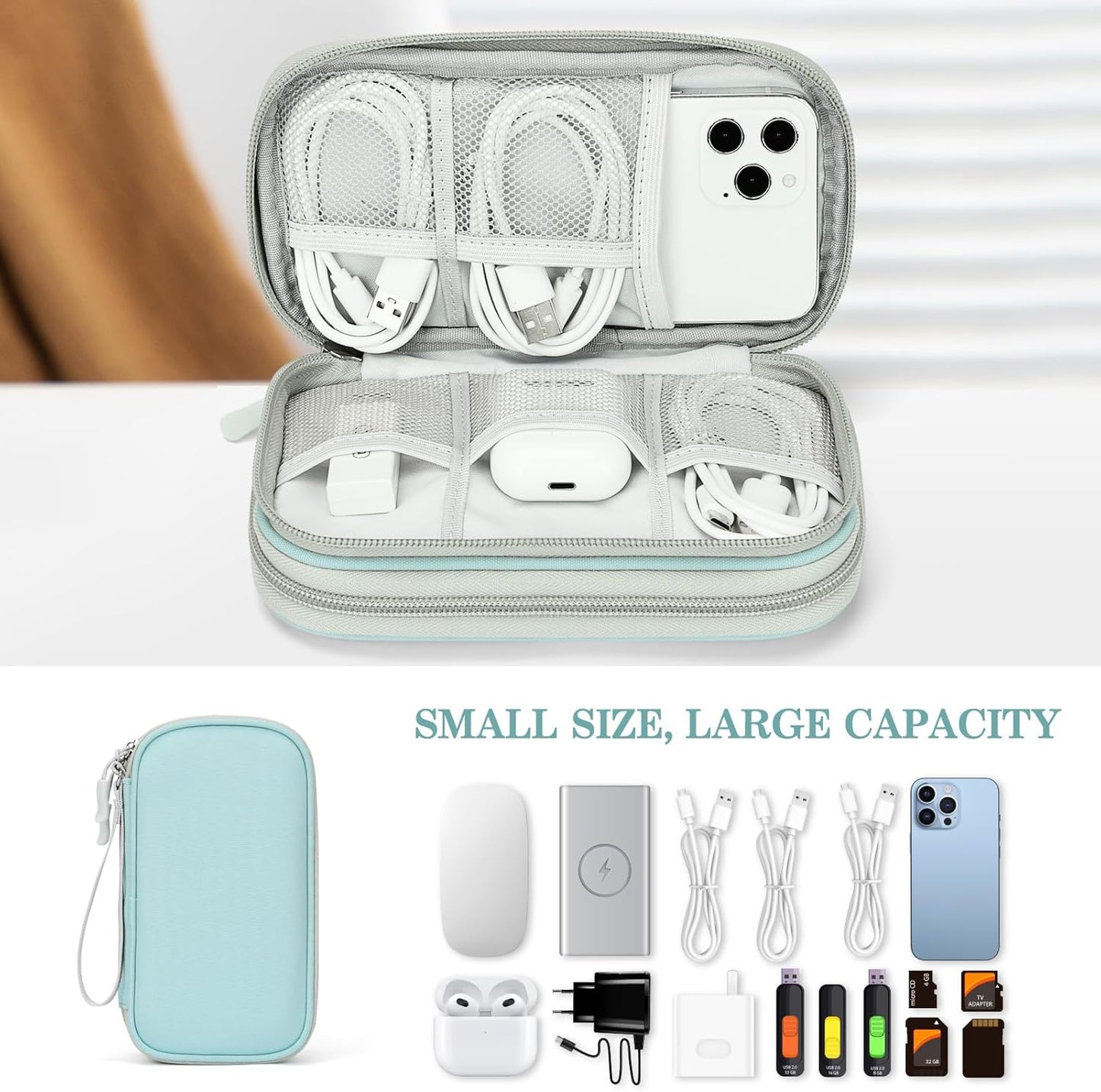 FYY Electronic Organizer, Travel Cable Organizer Bag Pouch Electronic Accessories Carry Case Portable Waterproof Double Layers All-in-One Storage Bag for Cable, Charger, Phone, Earphone, Mint Green