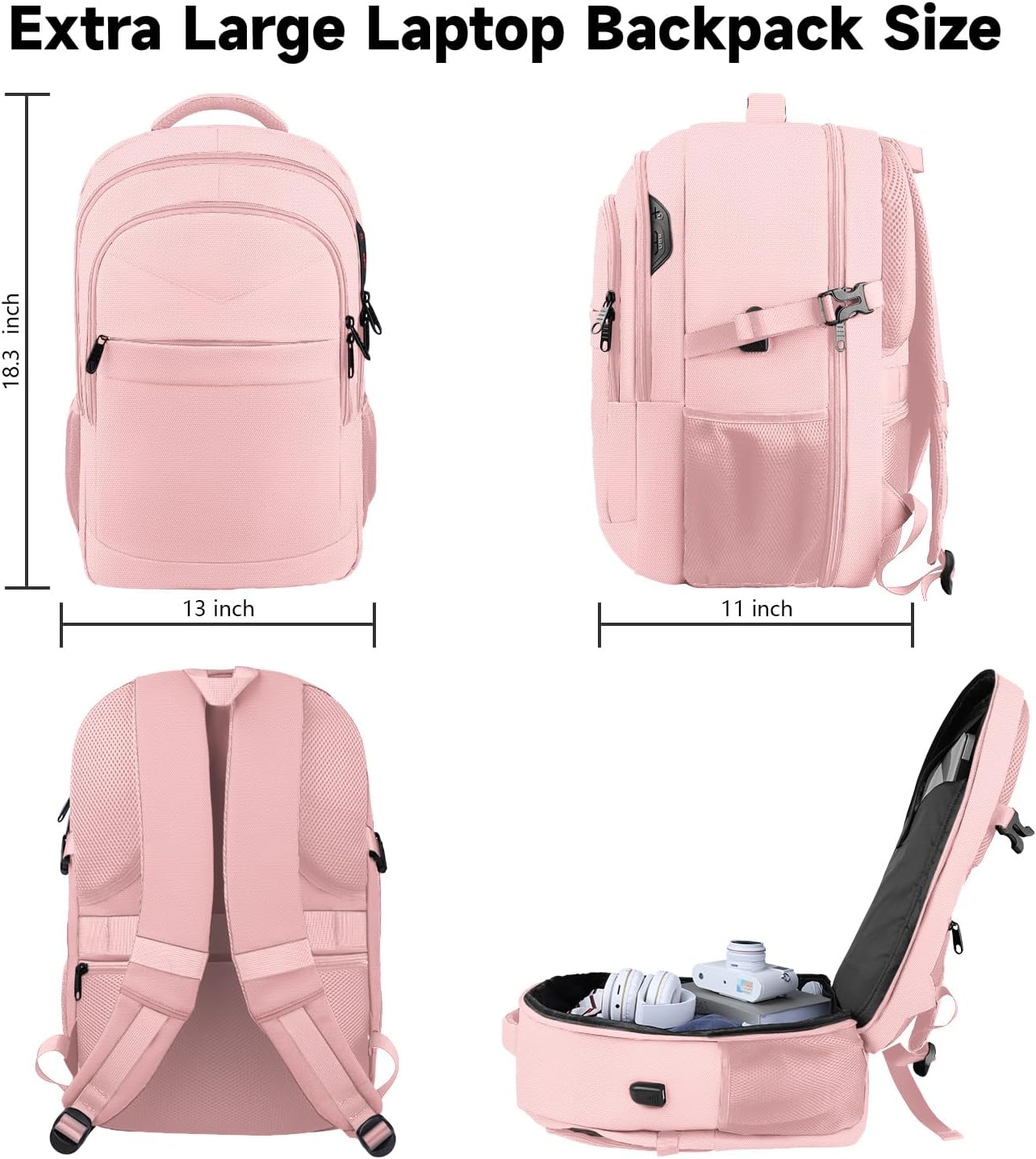 Lapsouno Large Backpack for Women, TSA 17.3 Inch Travel Laptop Backpack with USB Port, College School Business Backpack, Light Pink