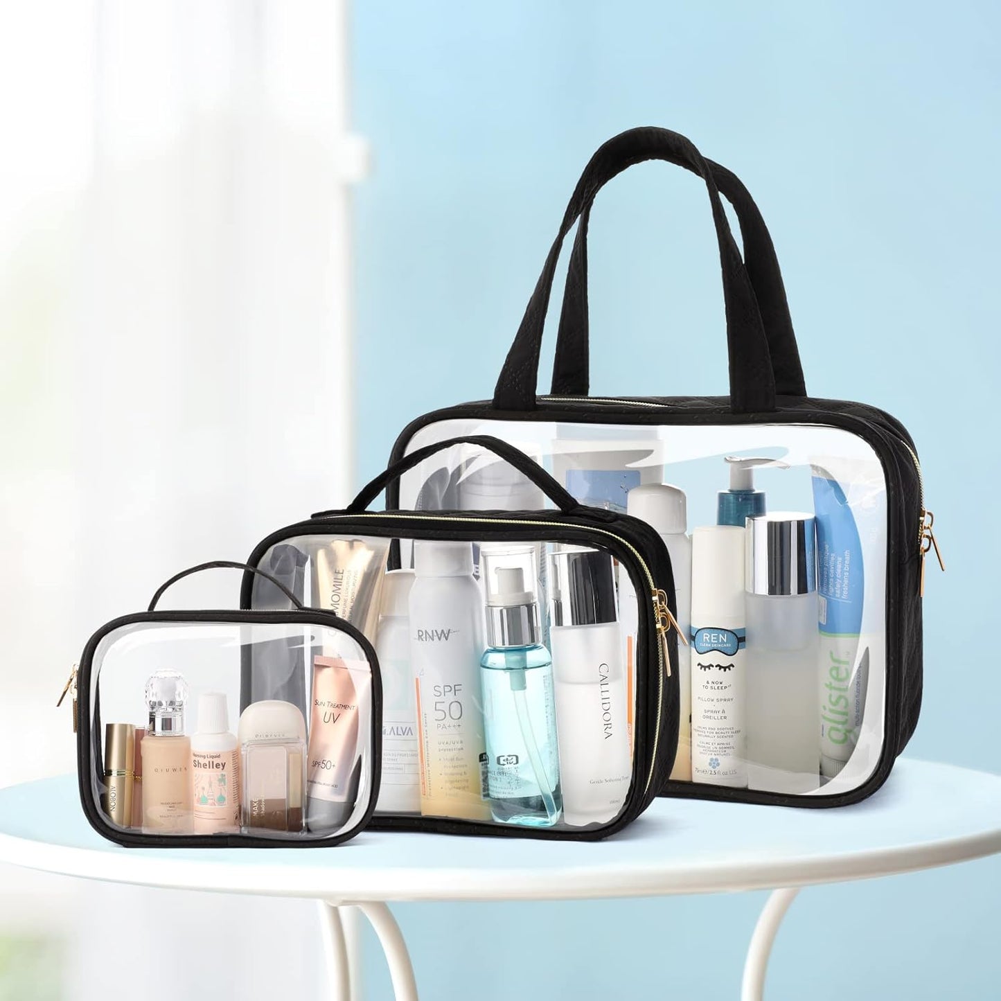 PACKISM Clear Toiletry Bags - 3 Pack Makeup Bags with Handle, Large Opening, Waterproof Cosmetic Bags Fit Carry-on Travel Essentials, Black