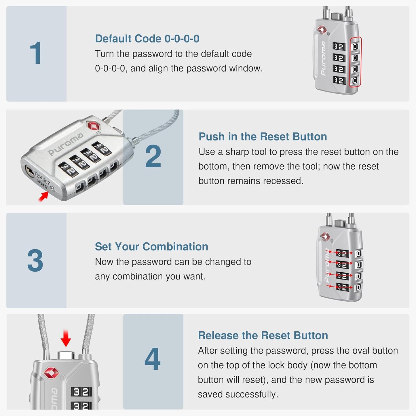 Puroma 2 Pack TSA Approved Luggage Lock, 4 Digit Combination Travel Locks Resettable Code Lock with Zinc Alloy Body for Suitcase, Toolbox, Backpack, Bag, Gym Locker (Silver)