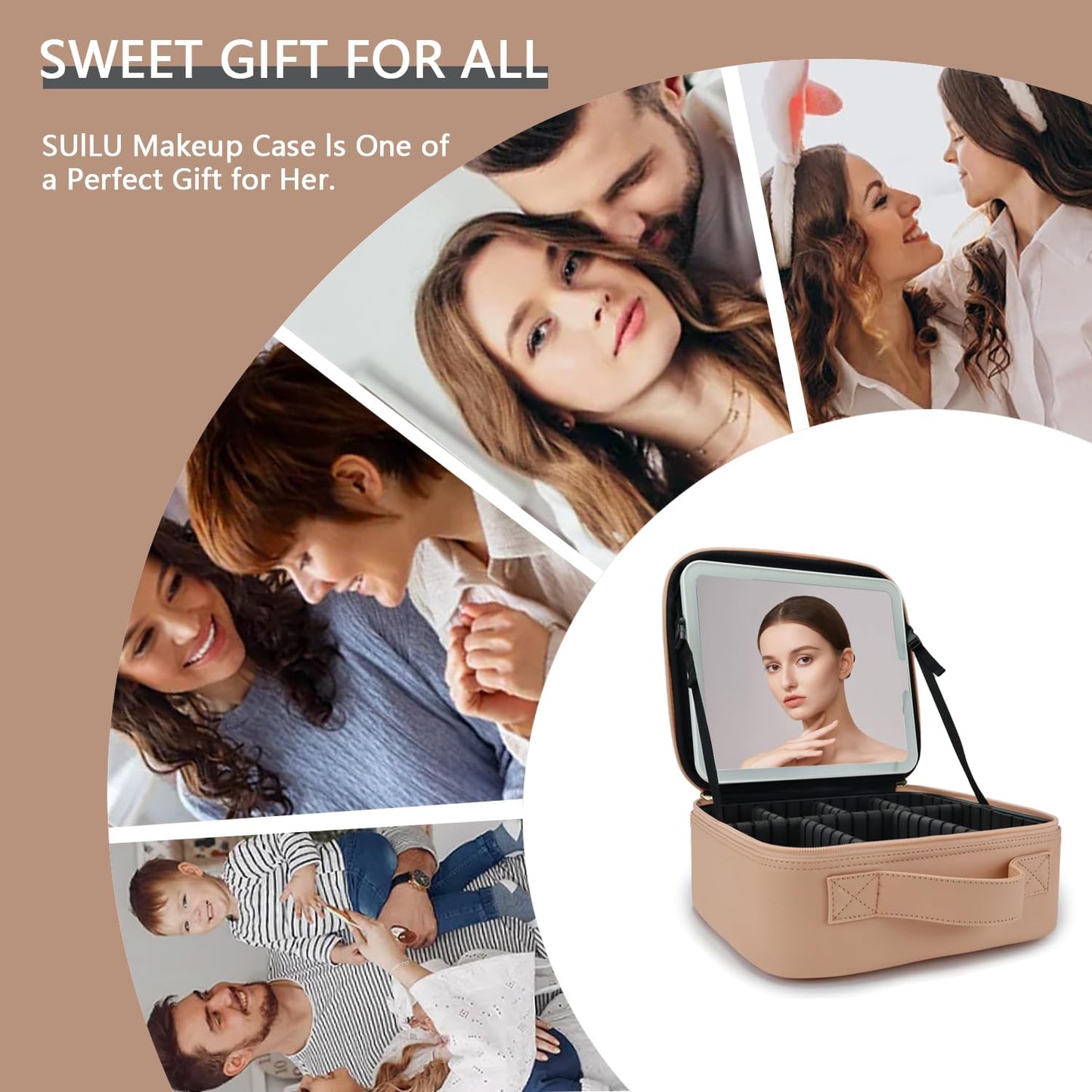 Makeup Bag with Led Mirror,Travel Makeup Organizer with 3 Color Setting, Portable Storage and Adjustable Dividers Travel Makeup Bag(khaki)