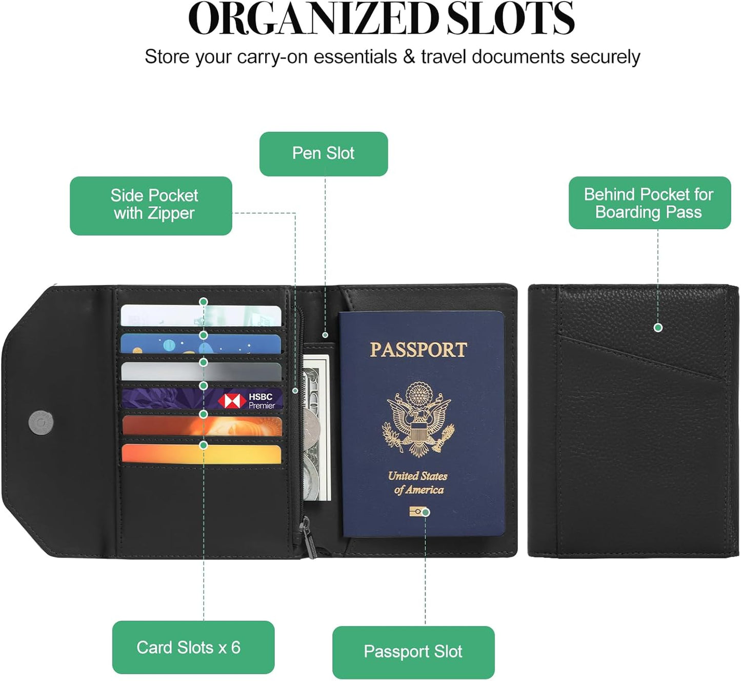 Leather Passport Holder for Travel,Passport Book Holder,Rfid Blocking Travel Wallet Protect Your Card Security, Travel Document Organizer for Men Women,Airport Essentials Gift (Black)