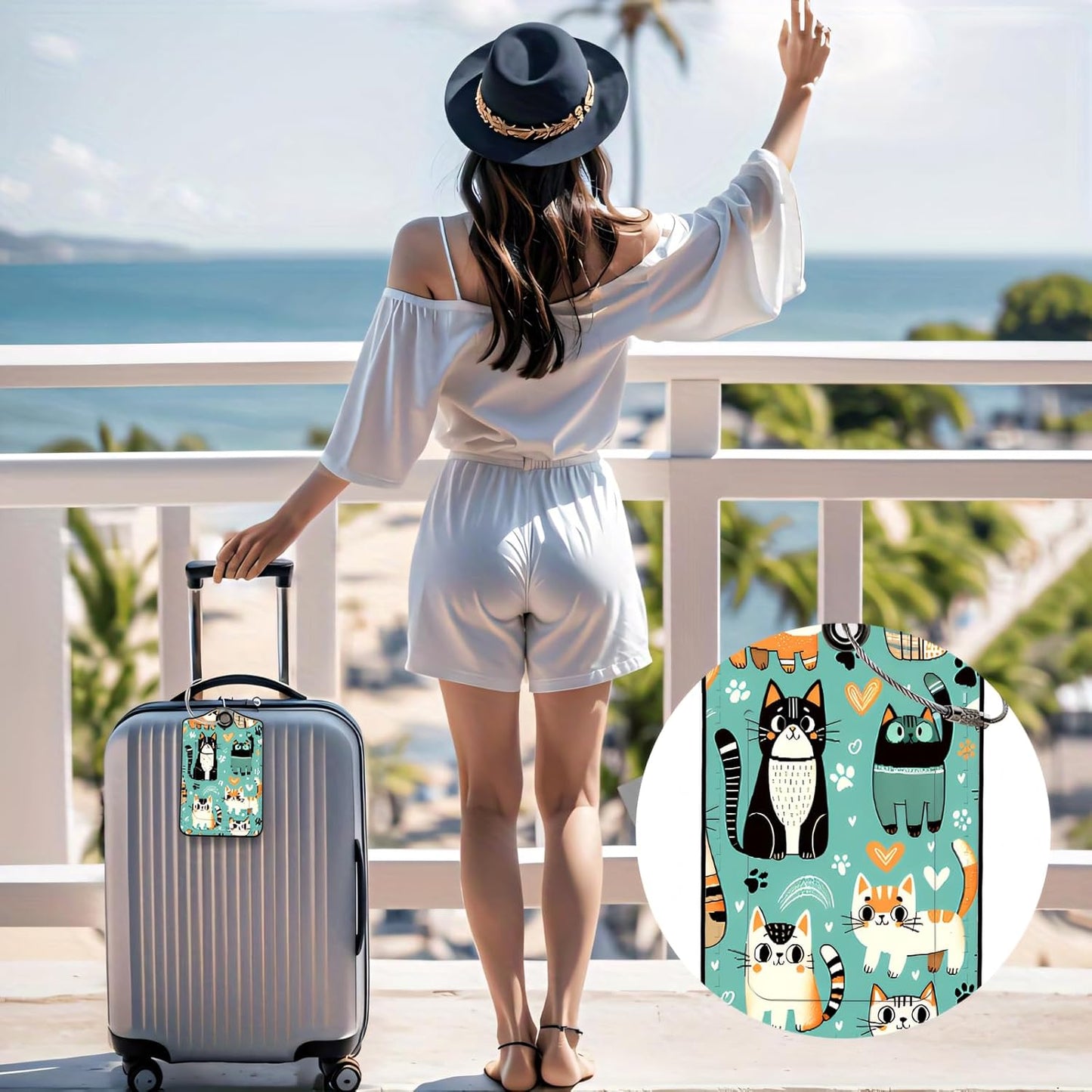 Luggage Tags for Suitcases, 2-Pack PU Leather for Cruise & Travel, Baggage ID Tags with Privacy Cover & Address Card, Durable Metal Ring, Kids Adults Travel Accessories, Cute Cat Print