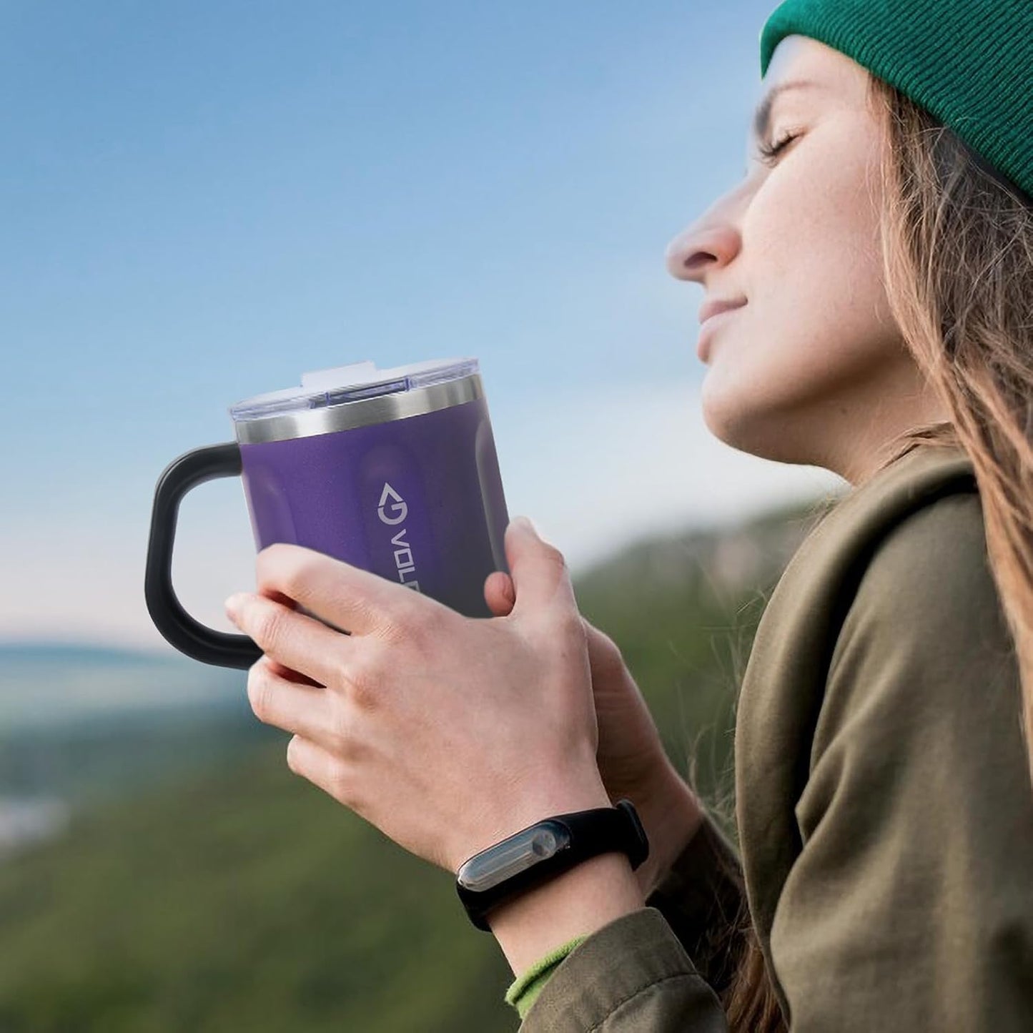 16oz Stainless Steel Togo Coffee Travel Mug, Spill Proof Tea Mug with Handle and Lid, Lightweight and Durable, Great for Office Home and Outdoor Use (Purple)