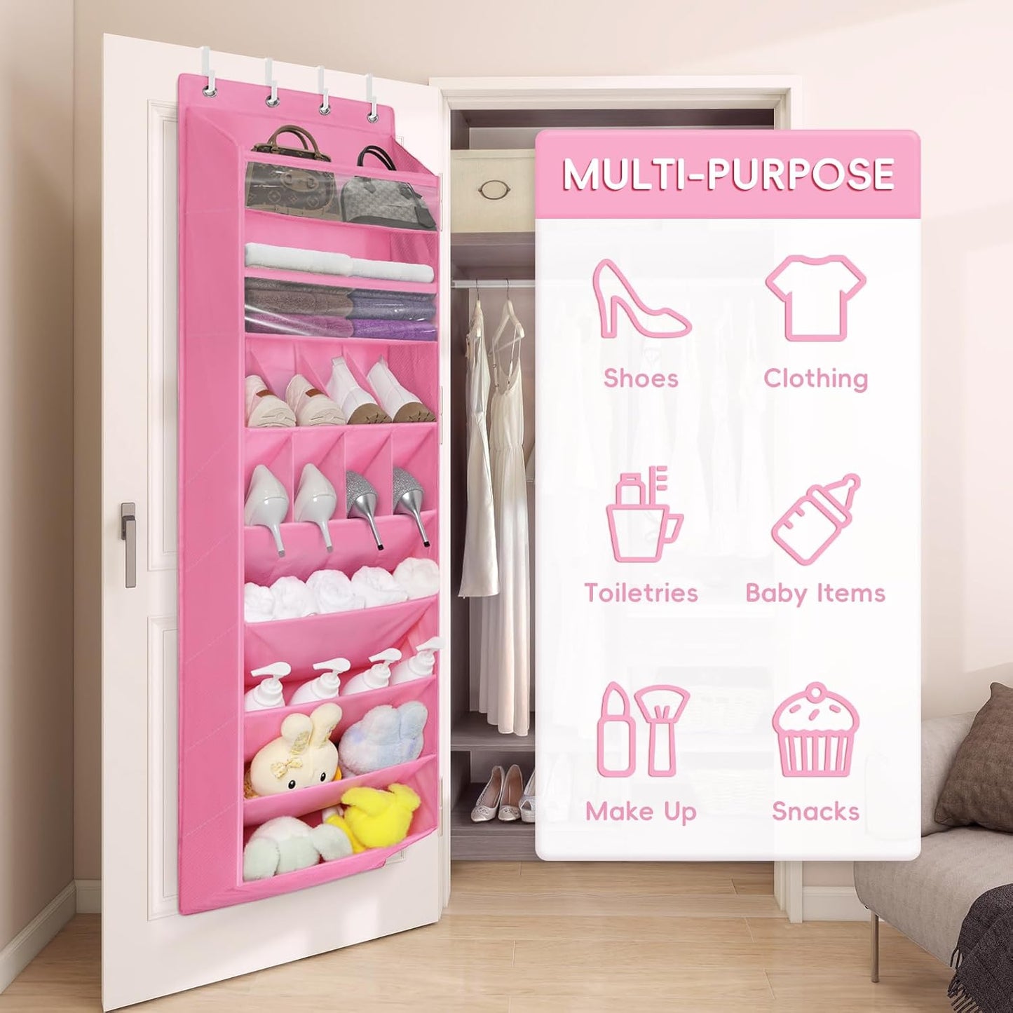 FENTEC 1 Pack 8 Shelves Over The Door Shoe Organizer,68" Exlarge Deep Pockets Hanging Shoe Organizers, Shoe Rack for Closet, Shoe Holder for Boots,Over Door Organizer in Home, RV, Dorm, Pink