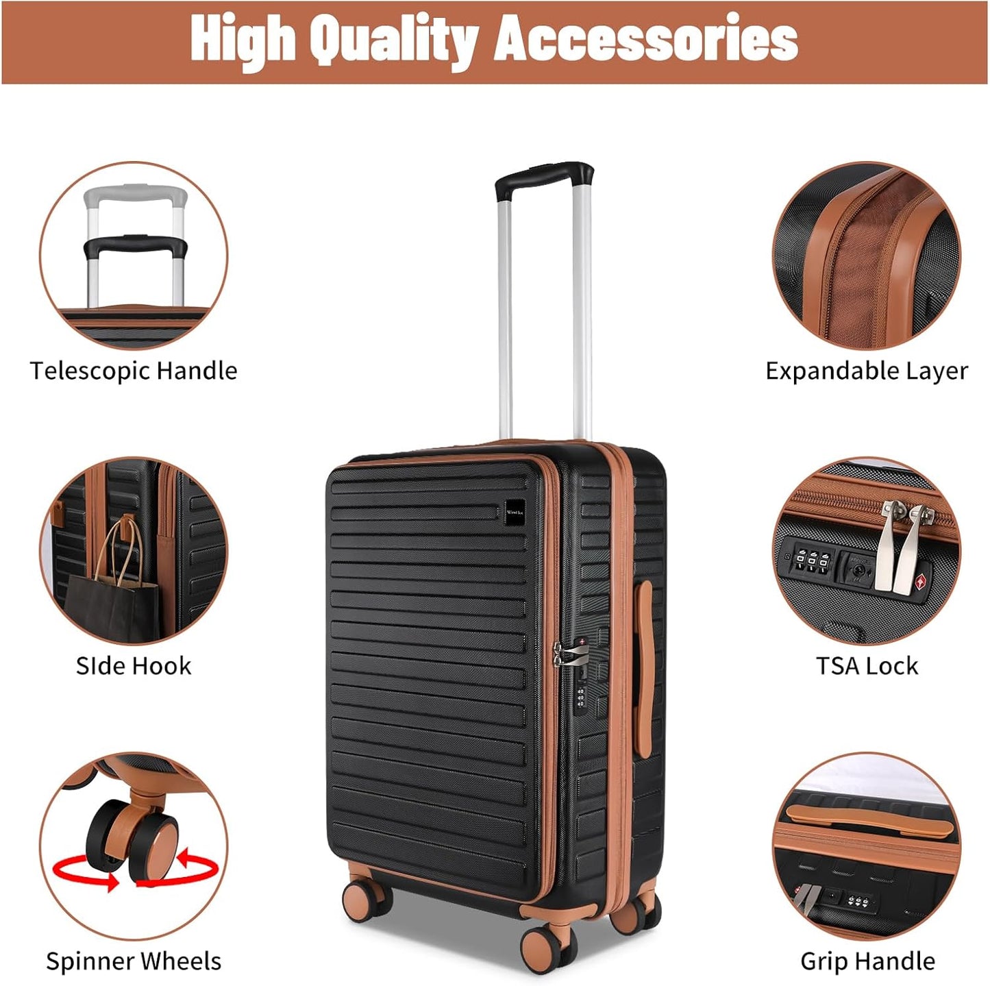 3-Piece 20/24 Top Opening Hardshell Lightweight Luggage and 28-Inch Clamshell Opening Suitcase with Spinner Wheels & TSA Locks, Black Brown, 20in/24in/28in