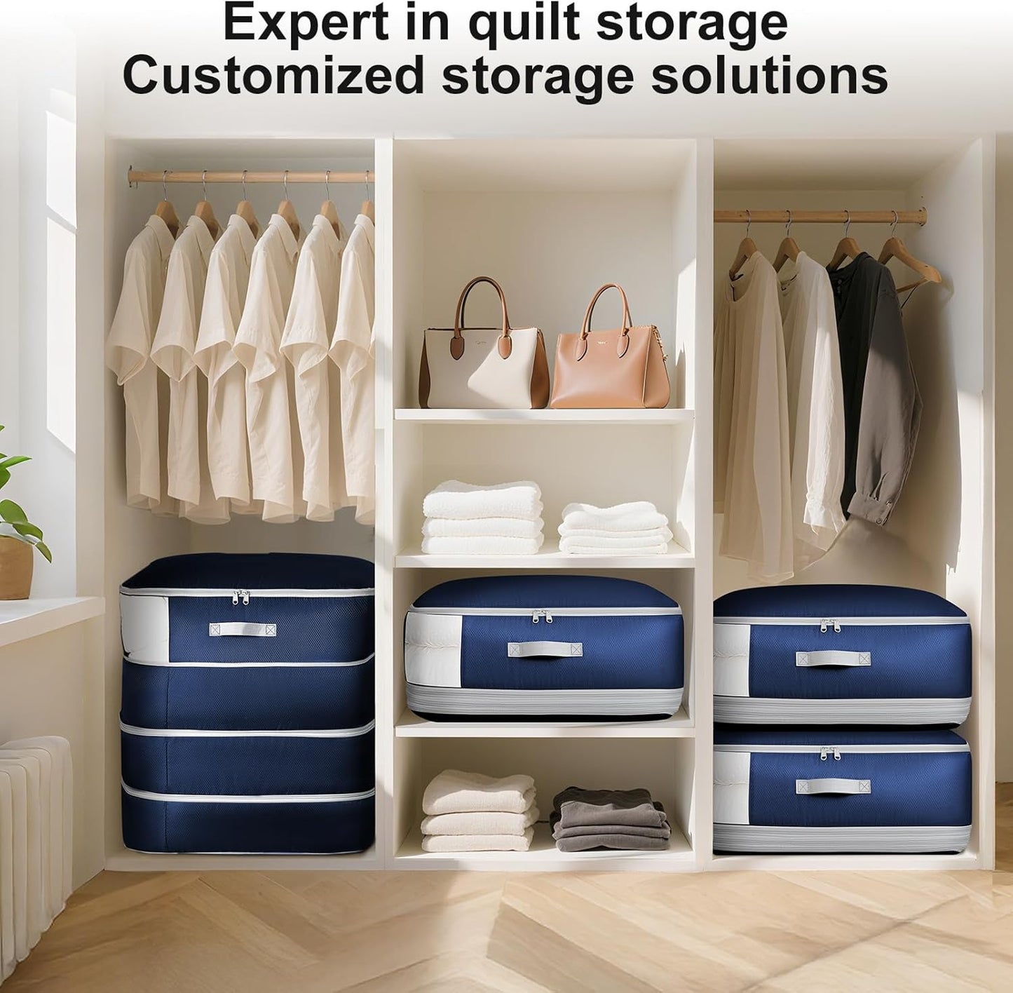 Comforter Storage Bag - Large Capacity Blanket Storage Bags 4-Layer Ultra Space Saving Self Compression Organizer, Washable Compression Bags for Storage Comforter Blanket, 4-Pack, Navy Blue