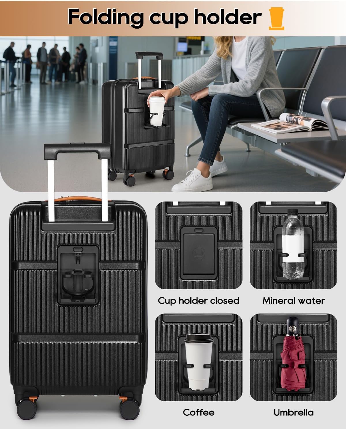 Joyway Carry on Luggage Airline Approved with Front Pocket, Hardside 20 Inch Travel Luggages with Cup Holder, Carry-on Suitcase with Spinner Wheels for Men and Women (Black, 20 Inch)