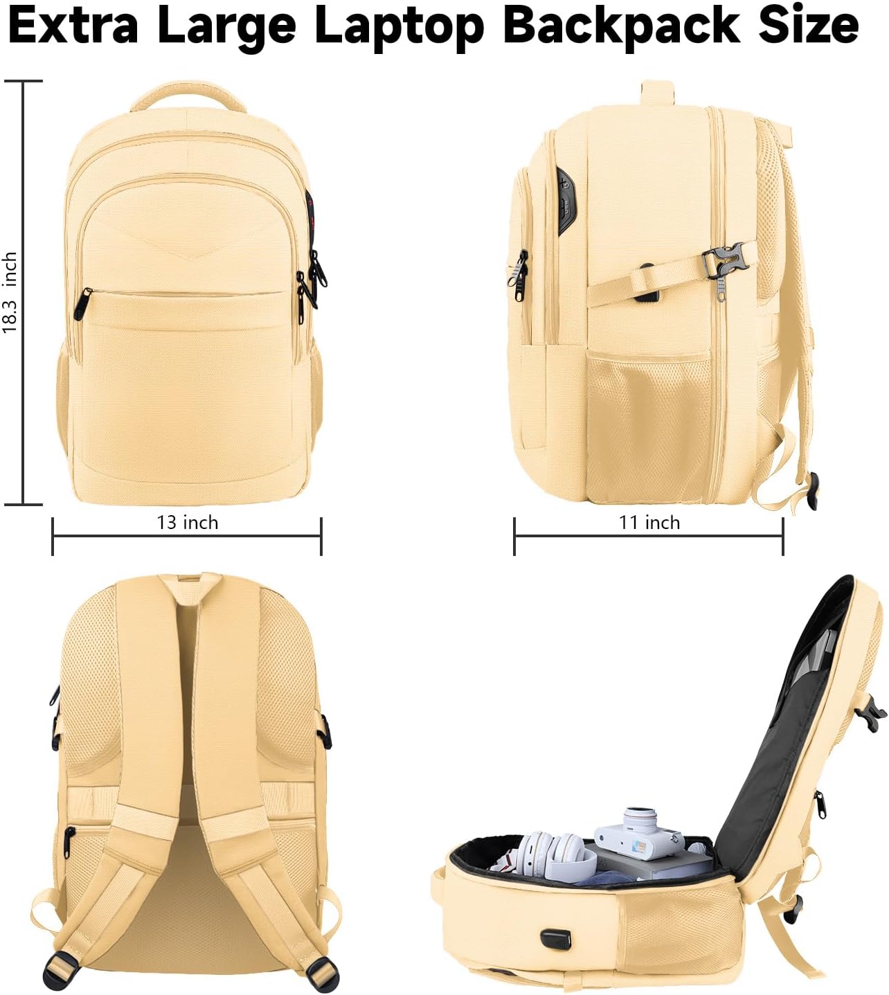 Lapsouno Extra Large Backpack, Laptop Backpack, Carry on Backpack, Sturdy 17 Inch TSA Friendly with USB Port, College School Bag Gifts for Men Women, Light Yellow