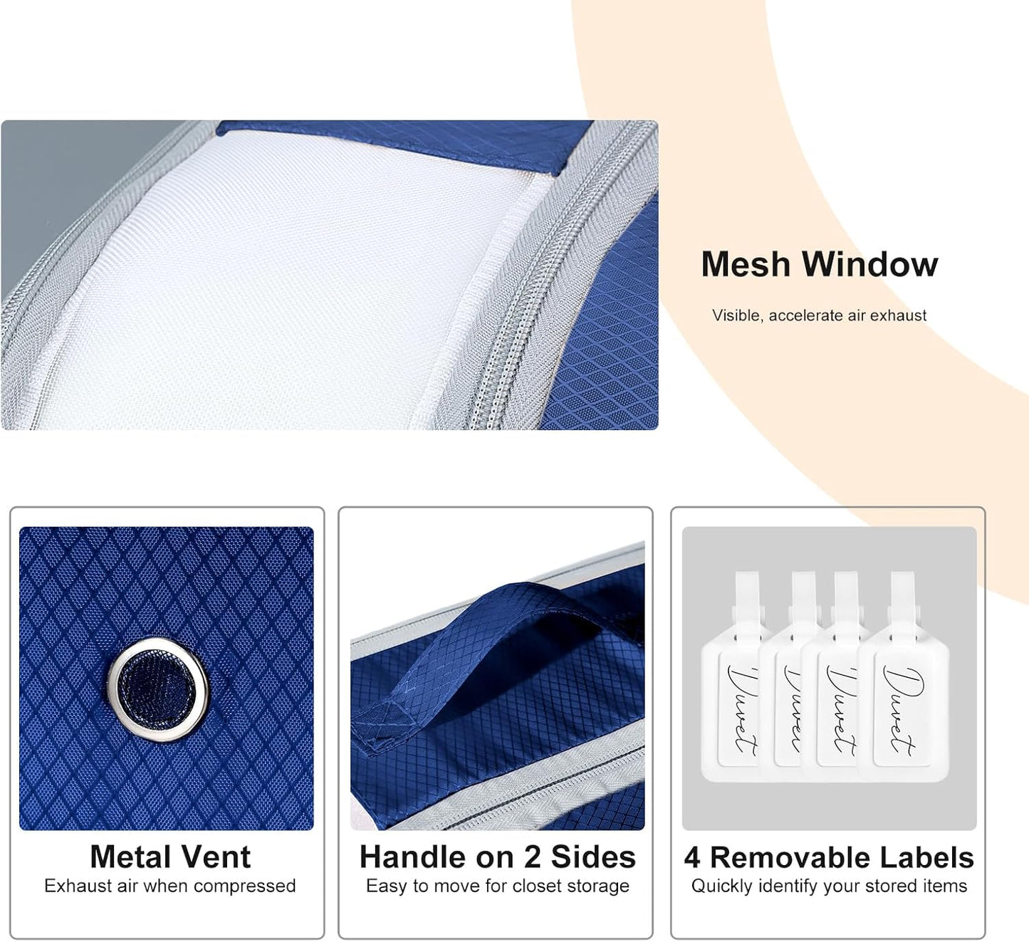 Comforter Storage Bag - Large Capacity Bedding Storage Bags Ultra Space Saving Self Compression Organizer, Washable Compression Bags for Storage Comforter Blanket Duvet, 4-Pack, Navy Blue