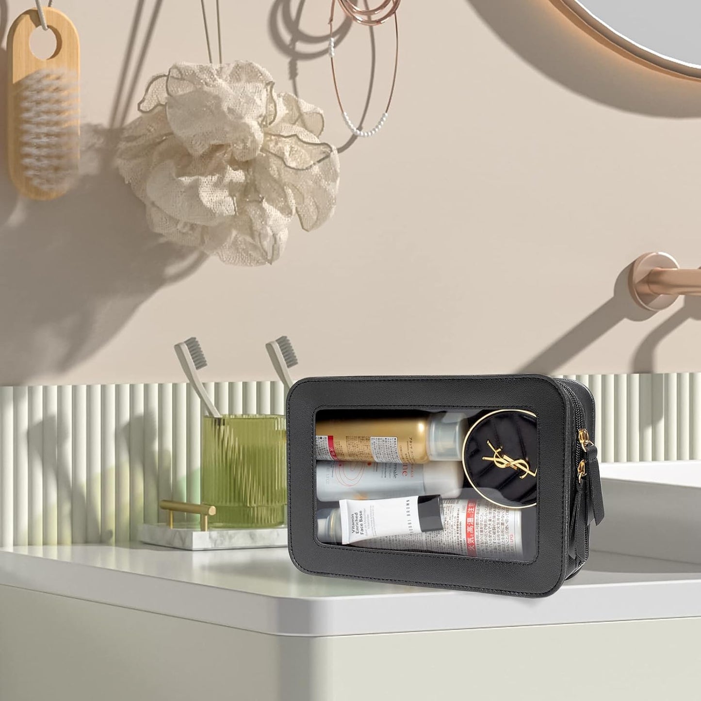 LETGO Clear Makeup Bags, TSA Approved Toiletry Bag with Zipper, Clear Makeup Organizer Fit Carry-on Travel Essentials,Clear Cosmetic Bags for Women Men (O-Black)