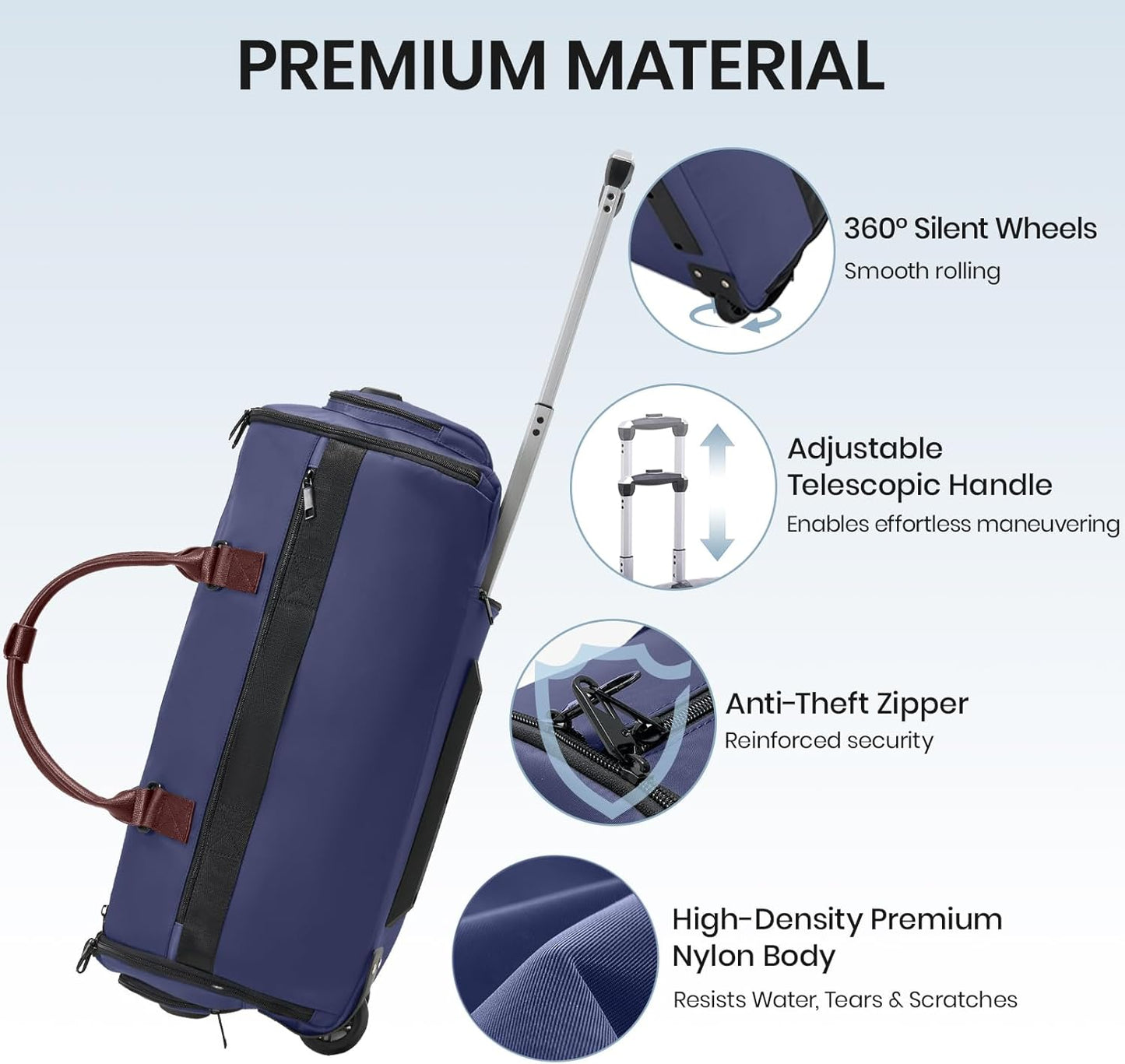 Fanwoli 3-in-1 Rolling Garment Bag for Travel, Wheeled Carry-On Luggage with Shoe Storage & Detachable Organizer, Wrinkle-Free Compartment for Suits/Dresses/Wedding Gowns, Fits Most Airline Size