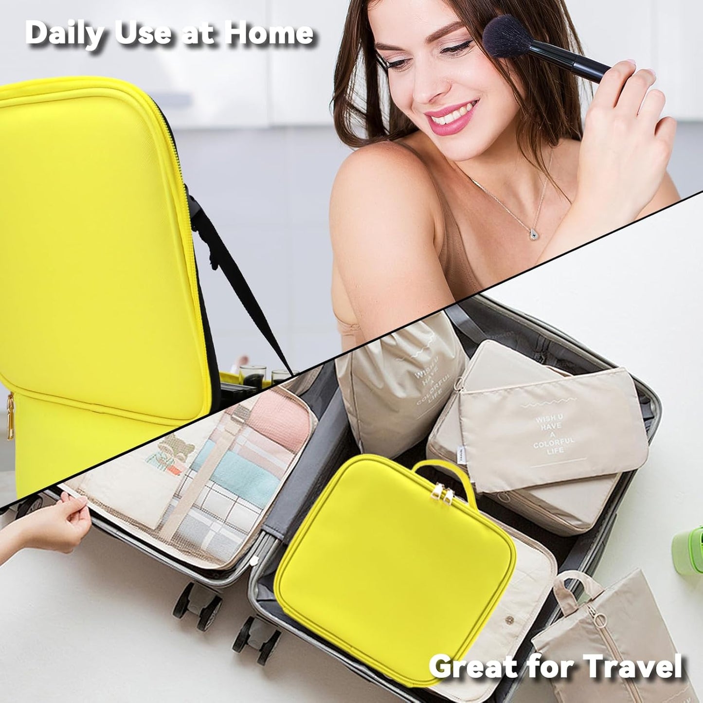 Travel Makeup Bag with LED Mirror and 10x magnifying glass with 3 Lighted Settings, Adjustable Dividers and Makeup Brush Storage Bag Yellow