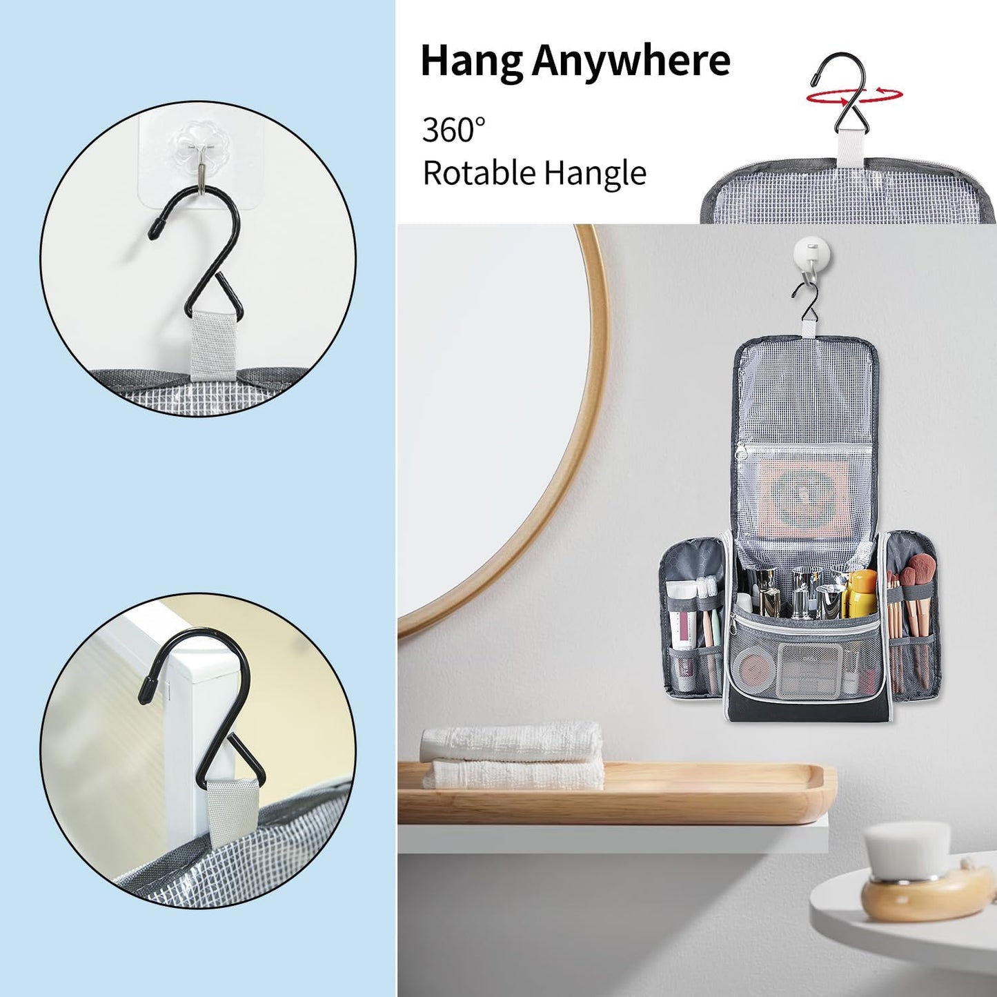 Della Gao Hanging Toiletry Bag for Men and Women, Large Capacity Cosmetics Makeup Bag Toiletries Organizer, Bathroom Bag, Water-Resistant Nylon, Black