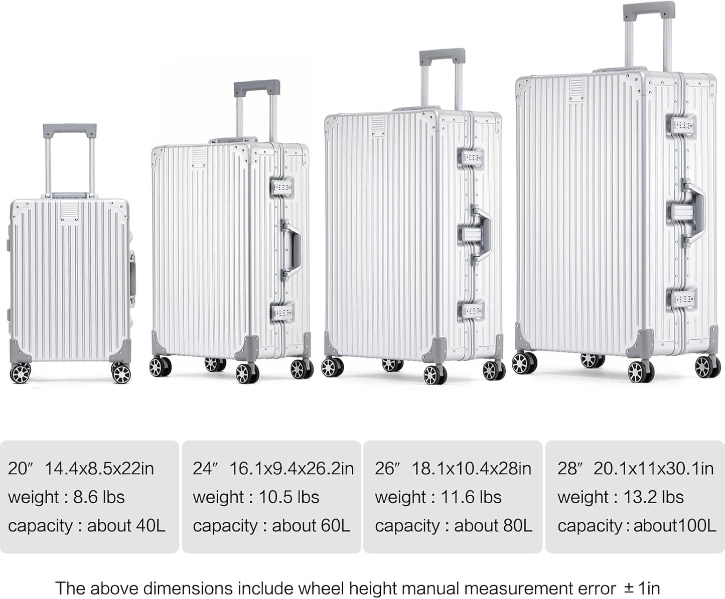 Metal All Aluminum Carry-on Luggage TSA Customs Lock Zipperless Silent Rotary Wheel Business Suitcase Aluminum Frame Set (silvery, 26 '')