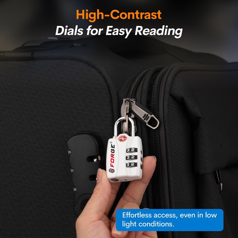Forge Luggage Locks TSA Approved Locks, Small TSA Locks with Zinc Alloy Body, Open Alert, Easy Read Dials, for Travel Suitcase, Bag, Backpack, Cases, Lockers. White 2 Locks.