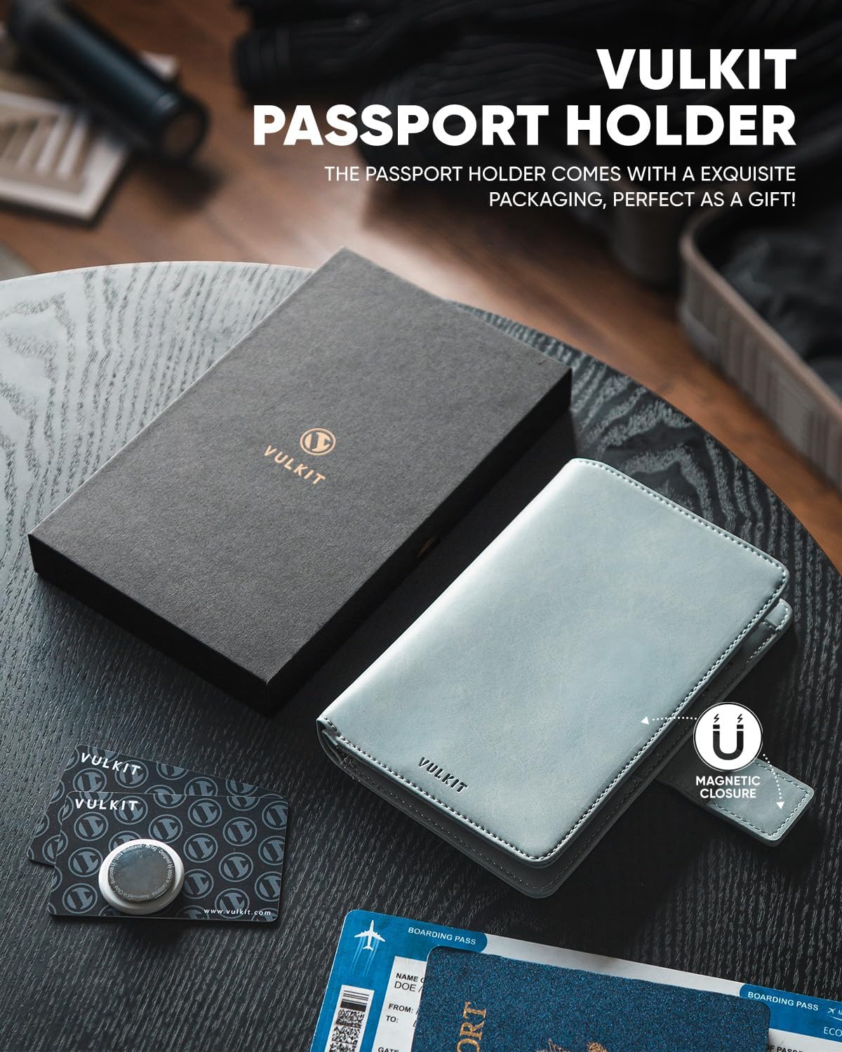 VULKIT Passport Holder with Airtag Holder RFID Blocking Passport Wallet Travel Leather Passport for Women(Blue)