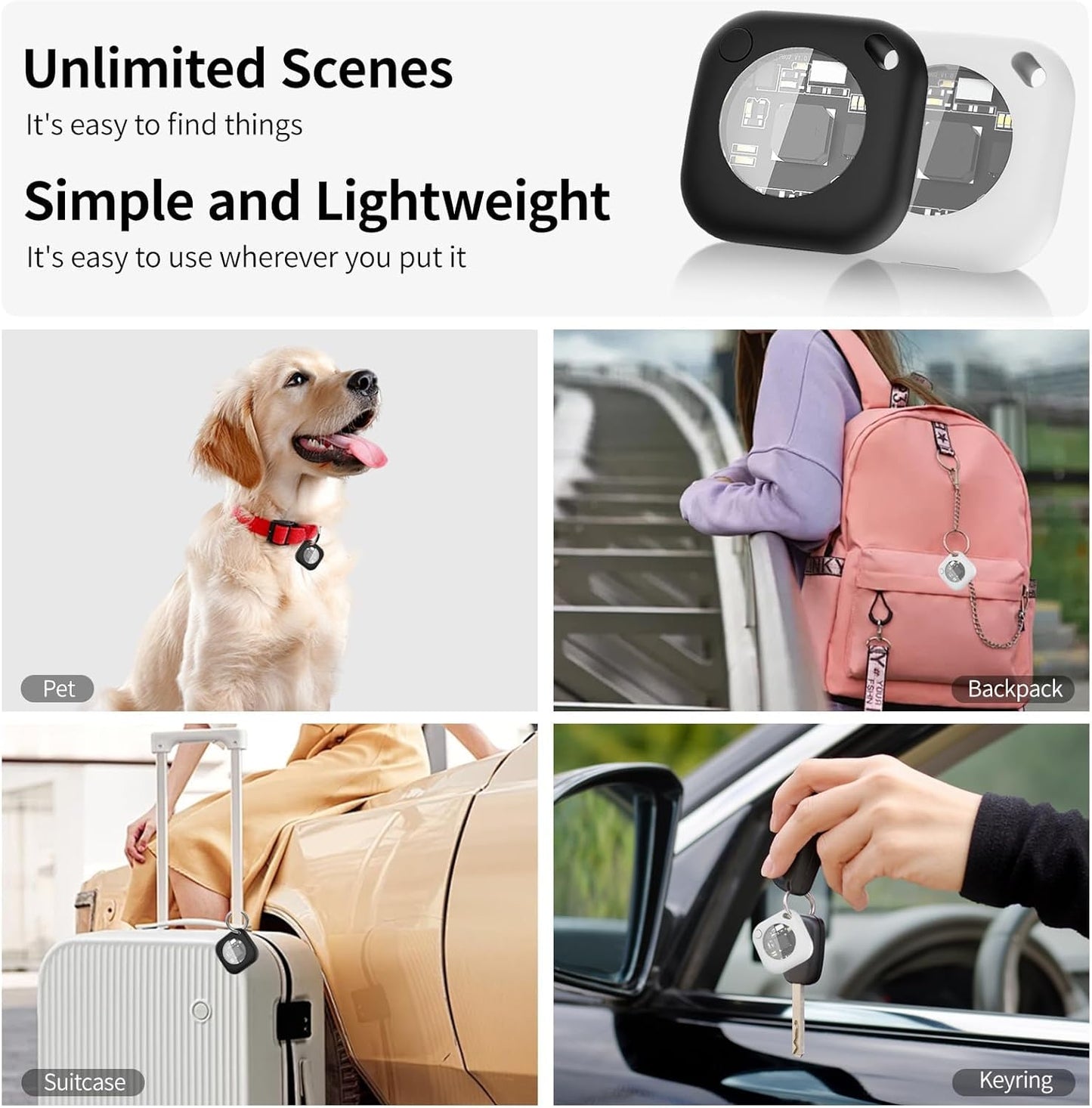 Air Tracker Tags-2 Pack, 5.3 Bluetooth Tracker Work, 100dB Sound, Smart Tag with Keychain/Lanyard, Item Finder for Luggage/Key/Suitcase, Replaceable Battery, Black.White,with Apple Find My (iOS Only)