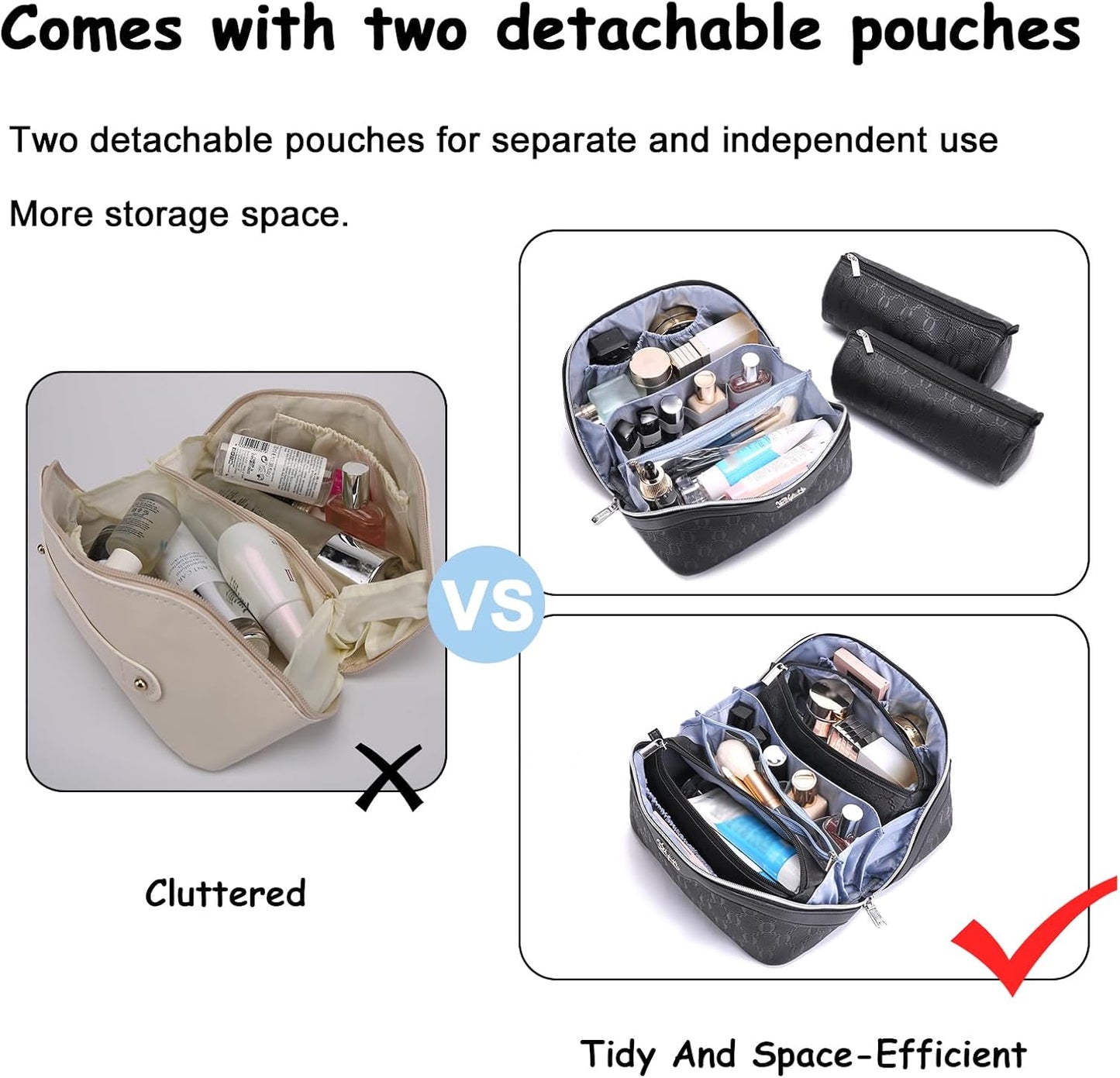 BOYATU Travel Makeup Bag for Women: Cosmetic Organizer Bag with Compartments - Leather Make up Bags Set of 3 (Black)