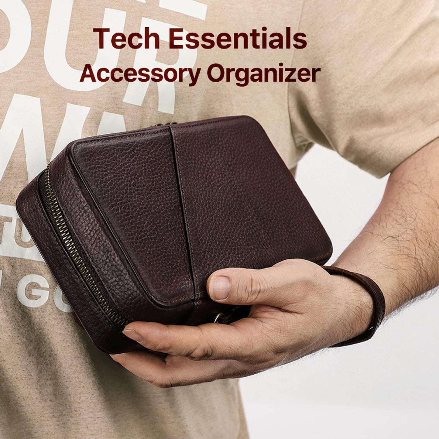 Top Grain Leather Text Custom Electronic Organizer Zipper Bag Tech Pouch, Handmade, Portable Compact Travel Storage Cases for Phone, USB Cables, Power Banks, Chargers, Hard Drive