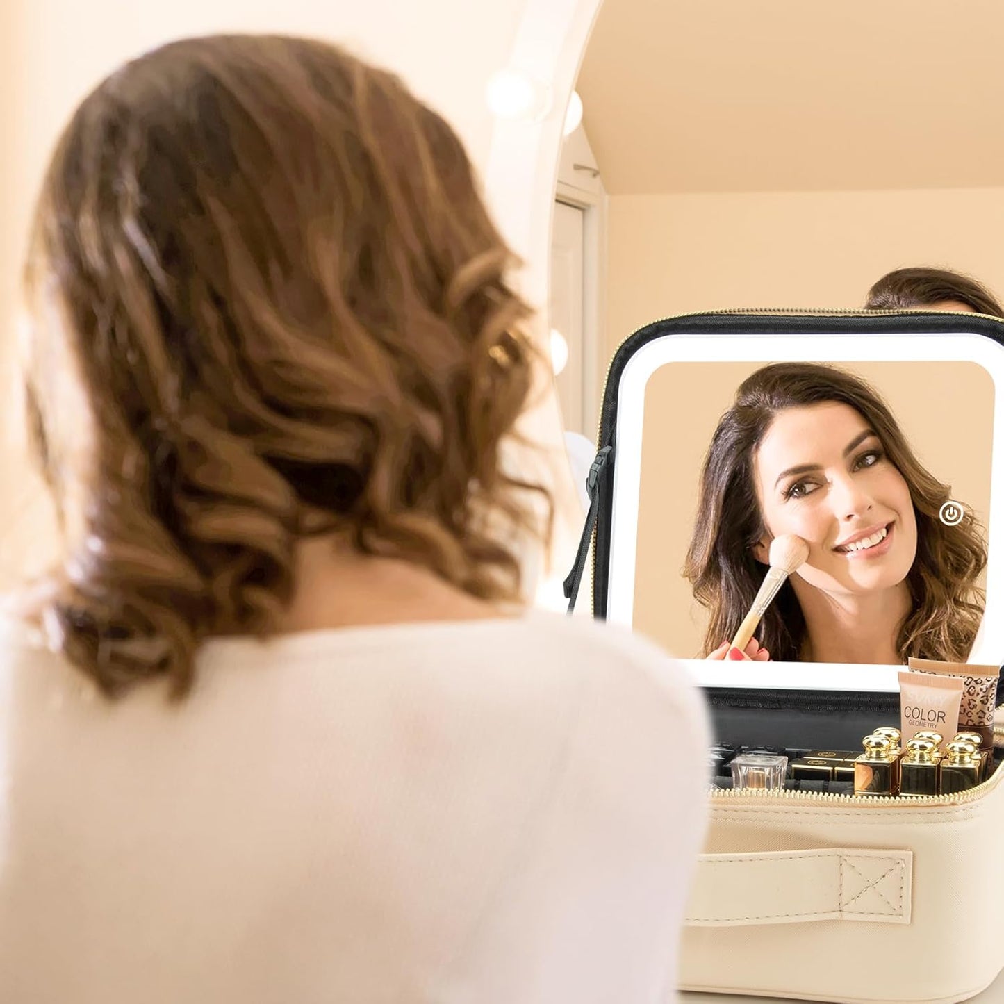 Makeup Travel Train Case with Mirror LED Light 3 Adjustable Brightness Large Cosmetic Bag Portable Storage Adjustable Partition Waterproof Makeup Brushes Make up Jewelry Gift for Women