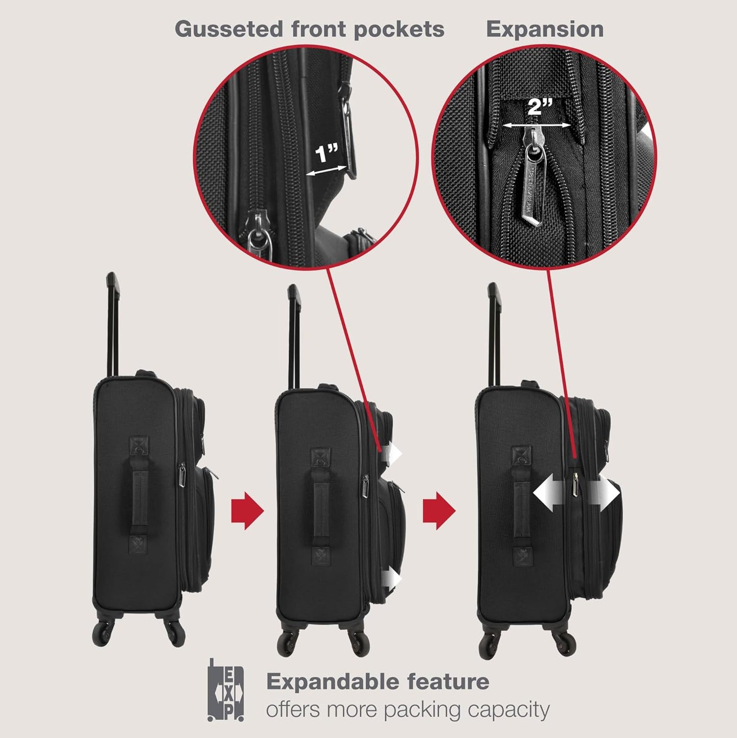 U.S. Traveler Lightweight Rolling 20" Carry On Luggage Softside Suitcase, Black, 4 Wheel