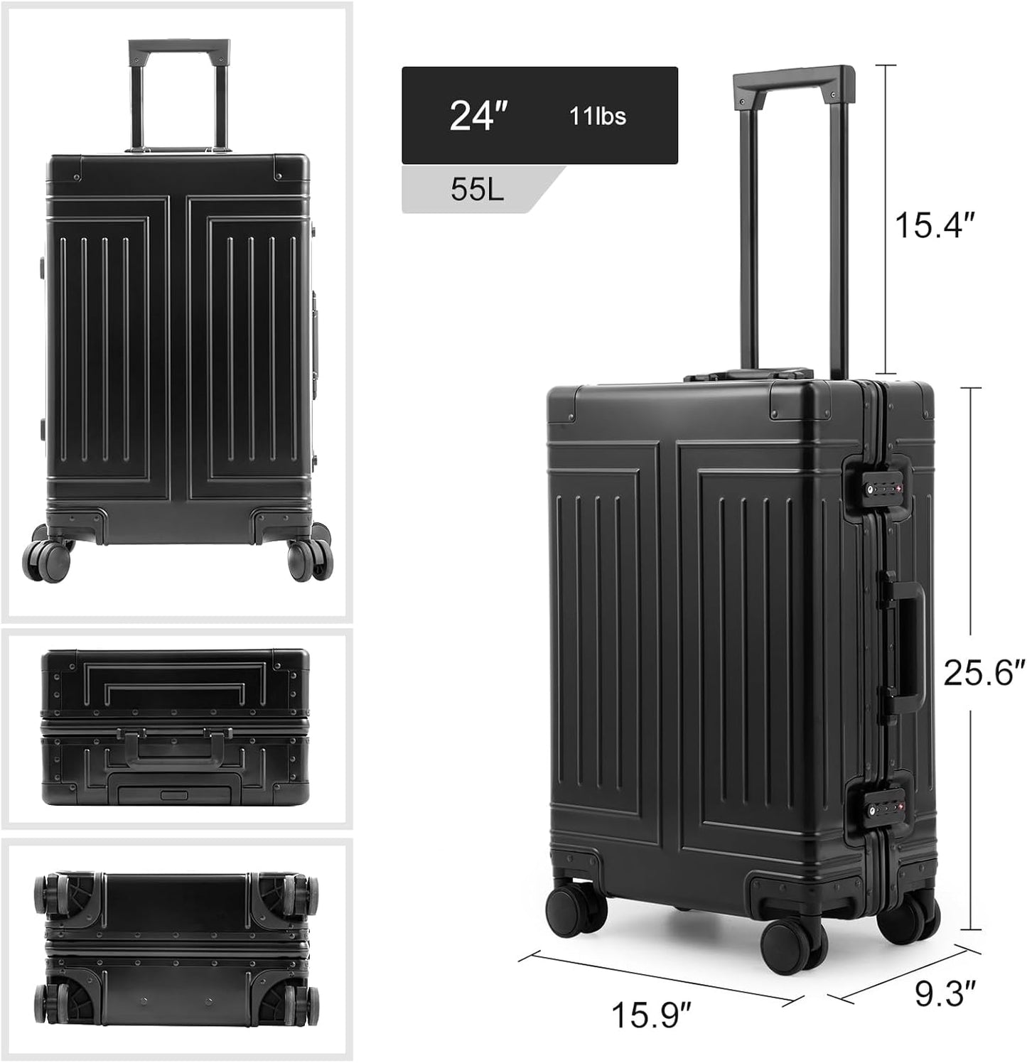 All Aluminum Magnesium Carry On Luggage๏ผCut from Whole Aluminum Sheet๏ผ22x14x9 Airline Approved ๏ผ๏ผ3rd Generation๏ผPremium Magnesium Metal zipperless suitcase ๏ผ (black, 24inch)