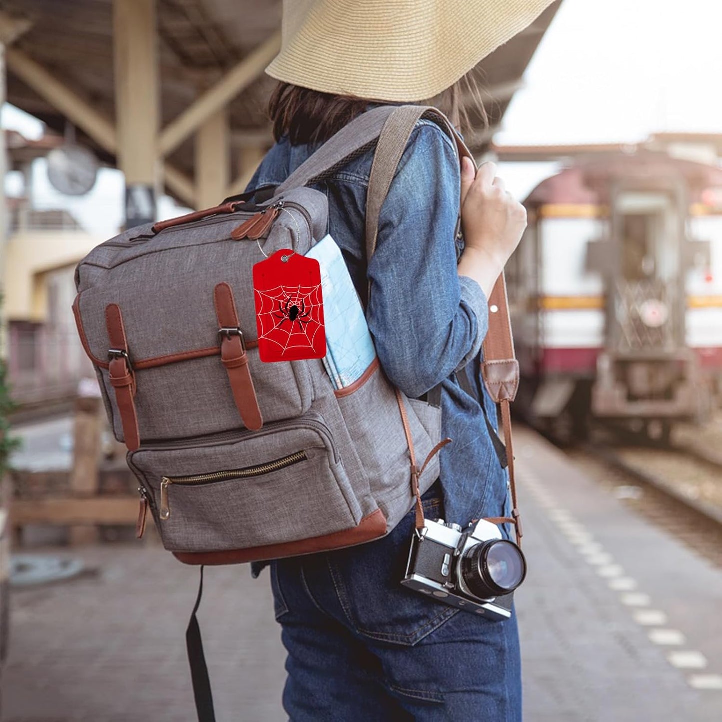 Spider Web 2 Pack Luggage Tag for Suitcase, Cute Unique Leather Bag Tags Identifiers Privacy Cover ID Label with Steel Loop for Women Men Kids Girls Travel,