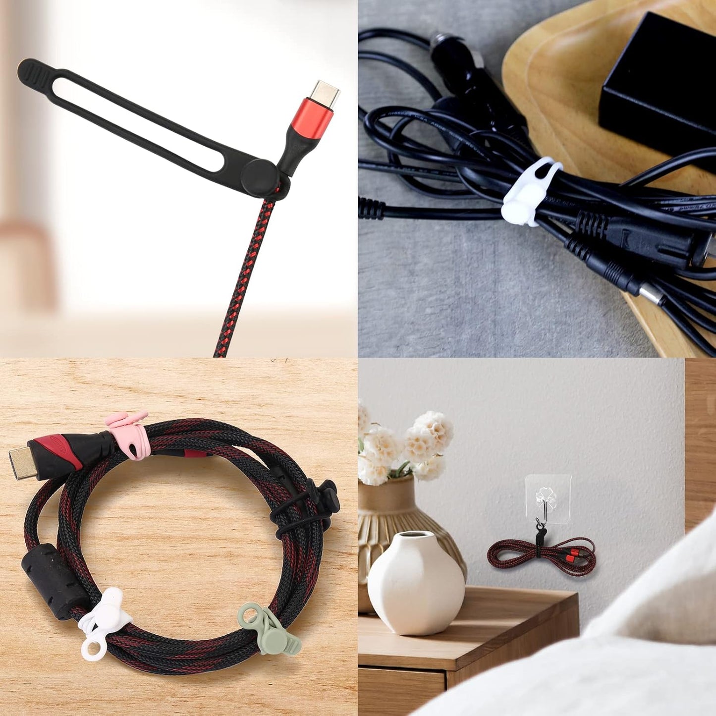 20pcs Silicone Cable Ties,Reusable Cable Management Organizer, Wire Ties,Travel Cord Ties,Cord Organizer for Bundling Cable Cords in Home,Office,Kitchen,School(White Black)