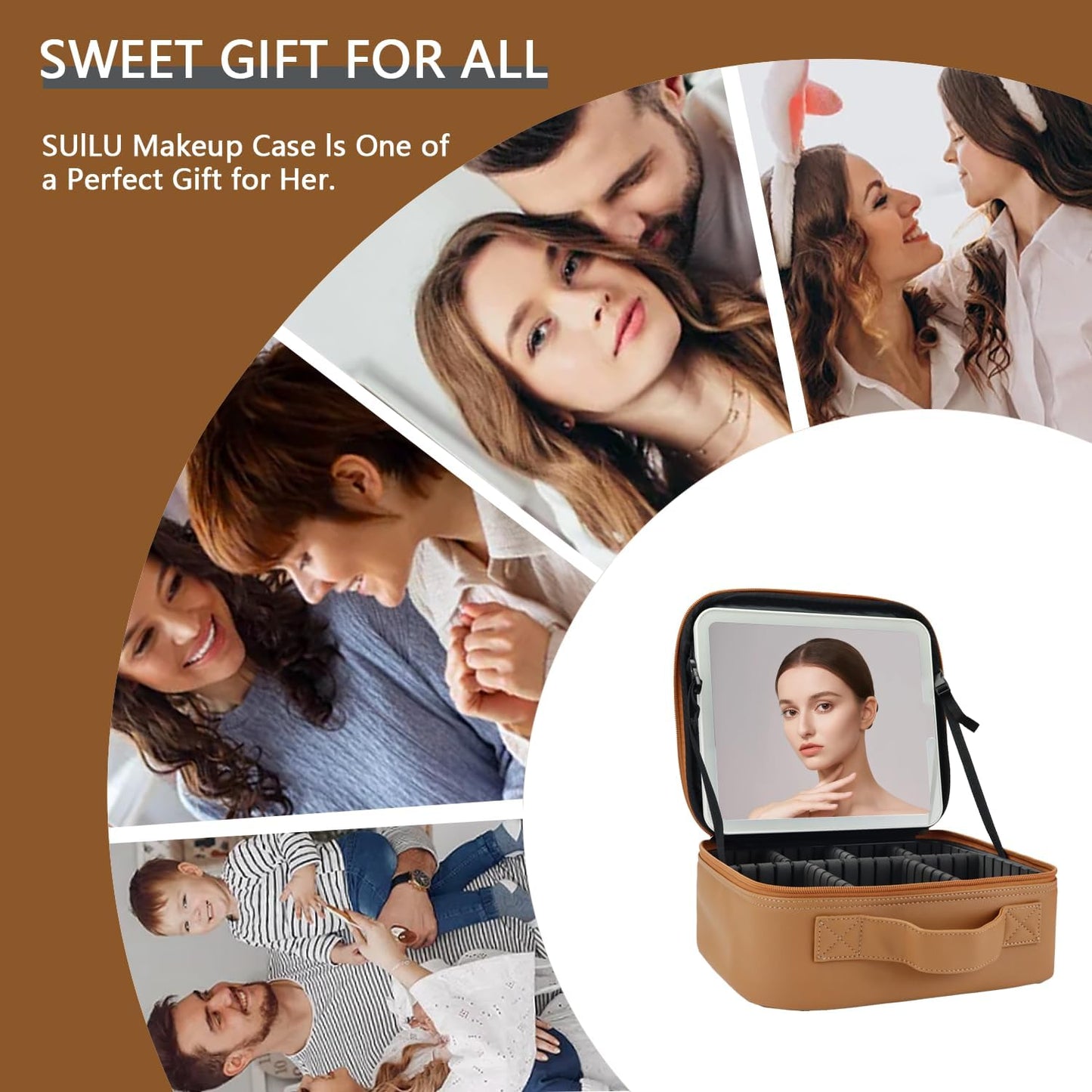 Makeup Bag with Led Mirror,Travel Makeup Organizer with 3 Color Setting & 10X Magnifying Mirror, Portable Storage and Adjustable Dividers Travel Makeup Bag-brown