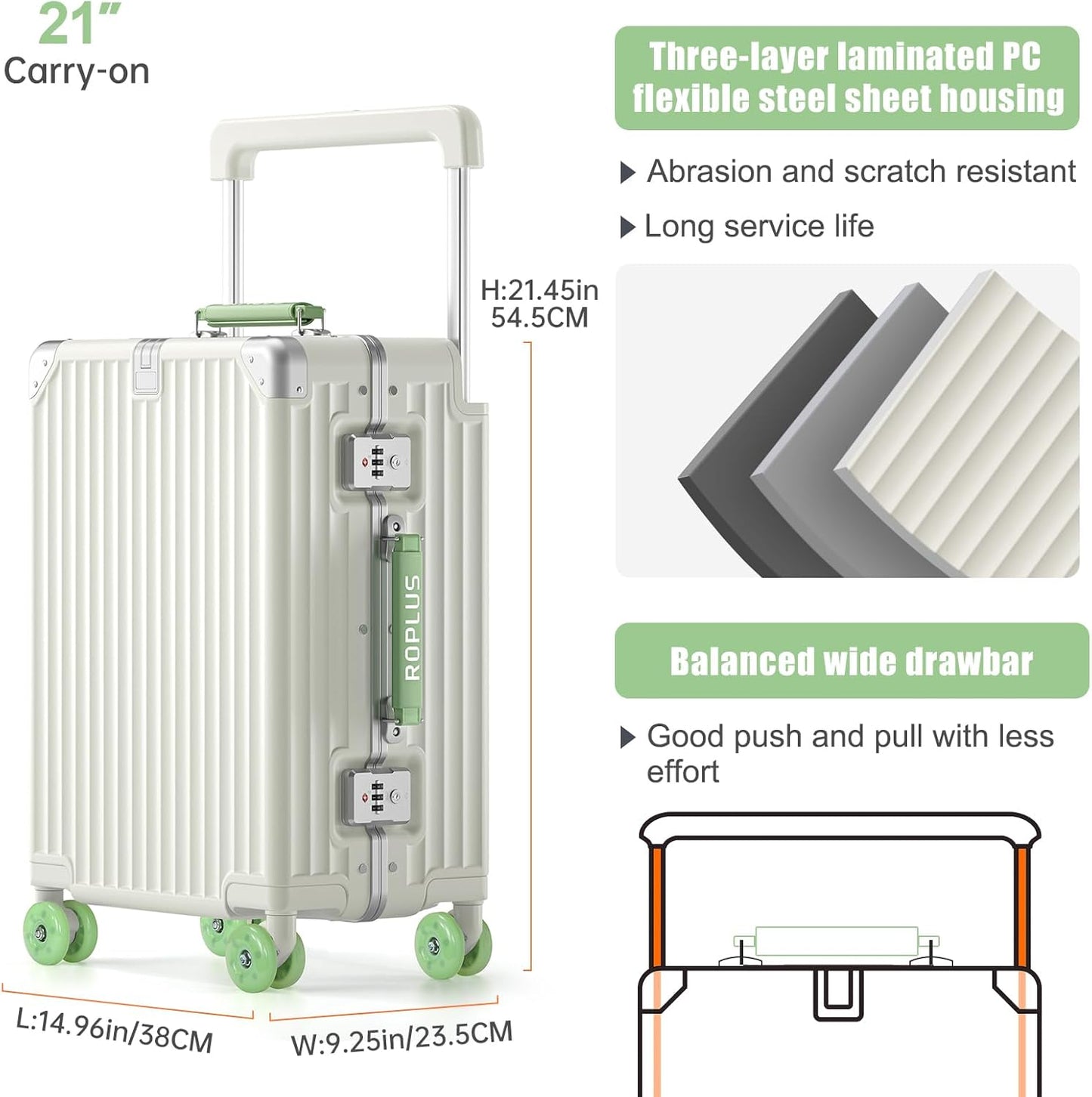 Aluminium Frame Carry on Luggage with Smooth Jelly Wheels, Hardside Zipperless Rolling Suitcase with TSA Lock (WhiteGreen, 21-Inch)