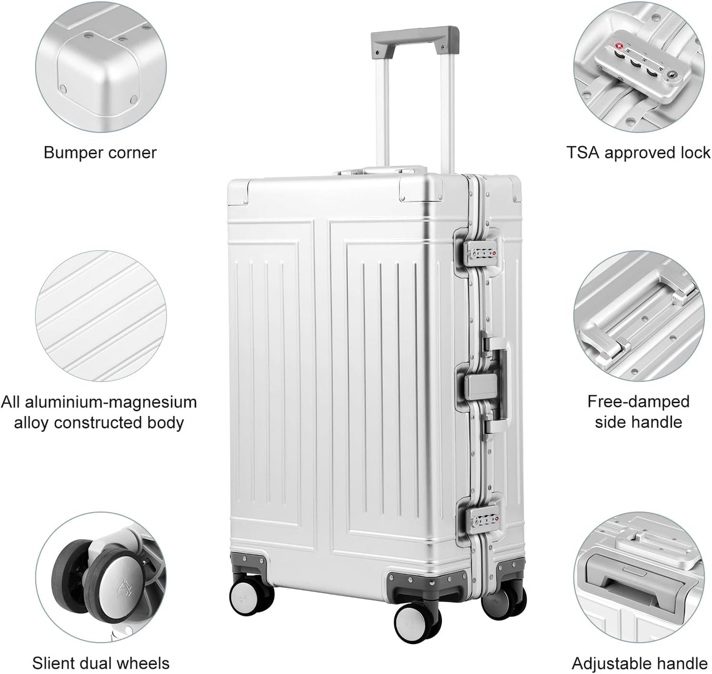 All Aluminum Carry On Luggage๏ผCut from Whole Aluminum Sheet๏ผ22x14x9 Airline Approved ๏ผ๏ผ3rd Generation๏ผPremium Metal zipperless suitcase ๏ผ (silvery, 26inch)