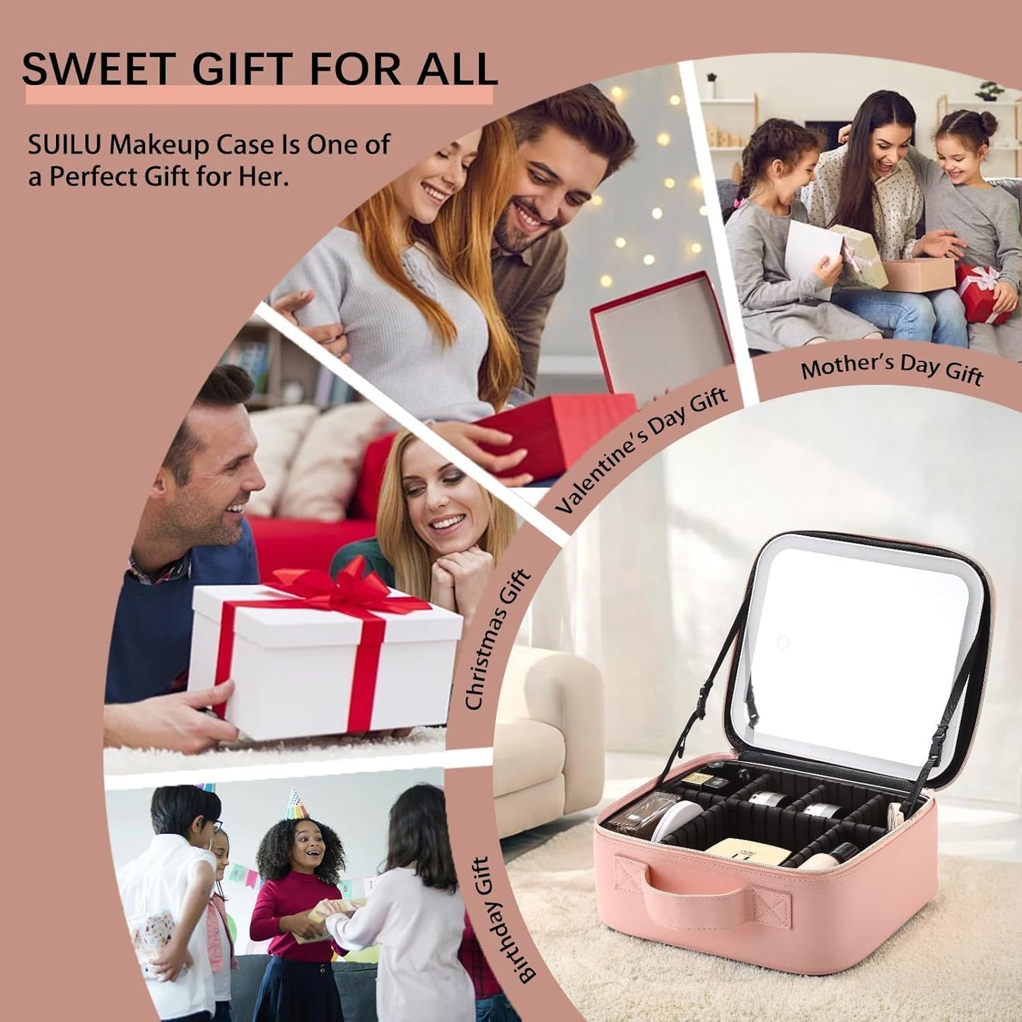 Makeup Bag with Led Mirror,Travel Makeup Organizer with 3 Color Setting & Jewelry storage box, Portable Storage and Adjustable Dividers Travel Makeup Bag(Pink)